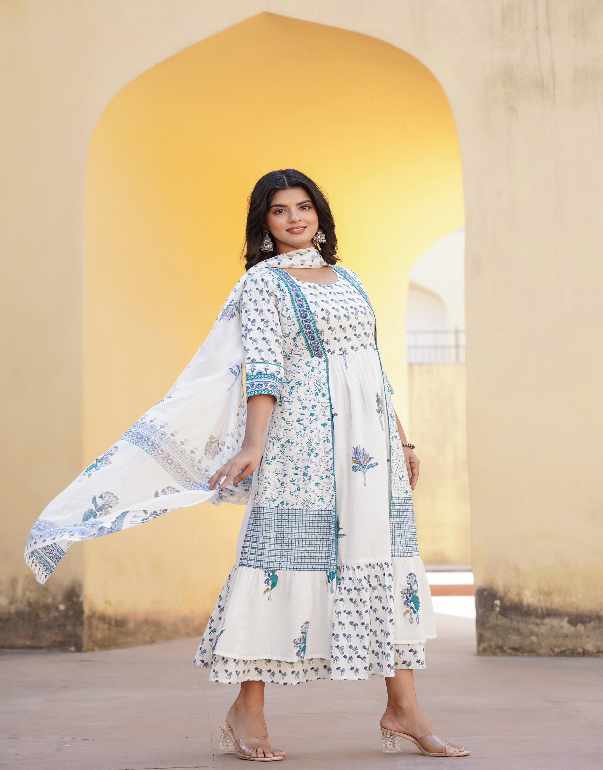 White Floral Printed Cotton Dress & Dupatta With Lace