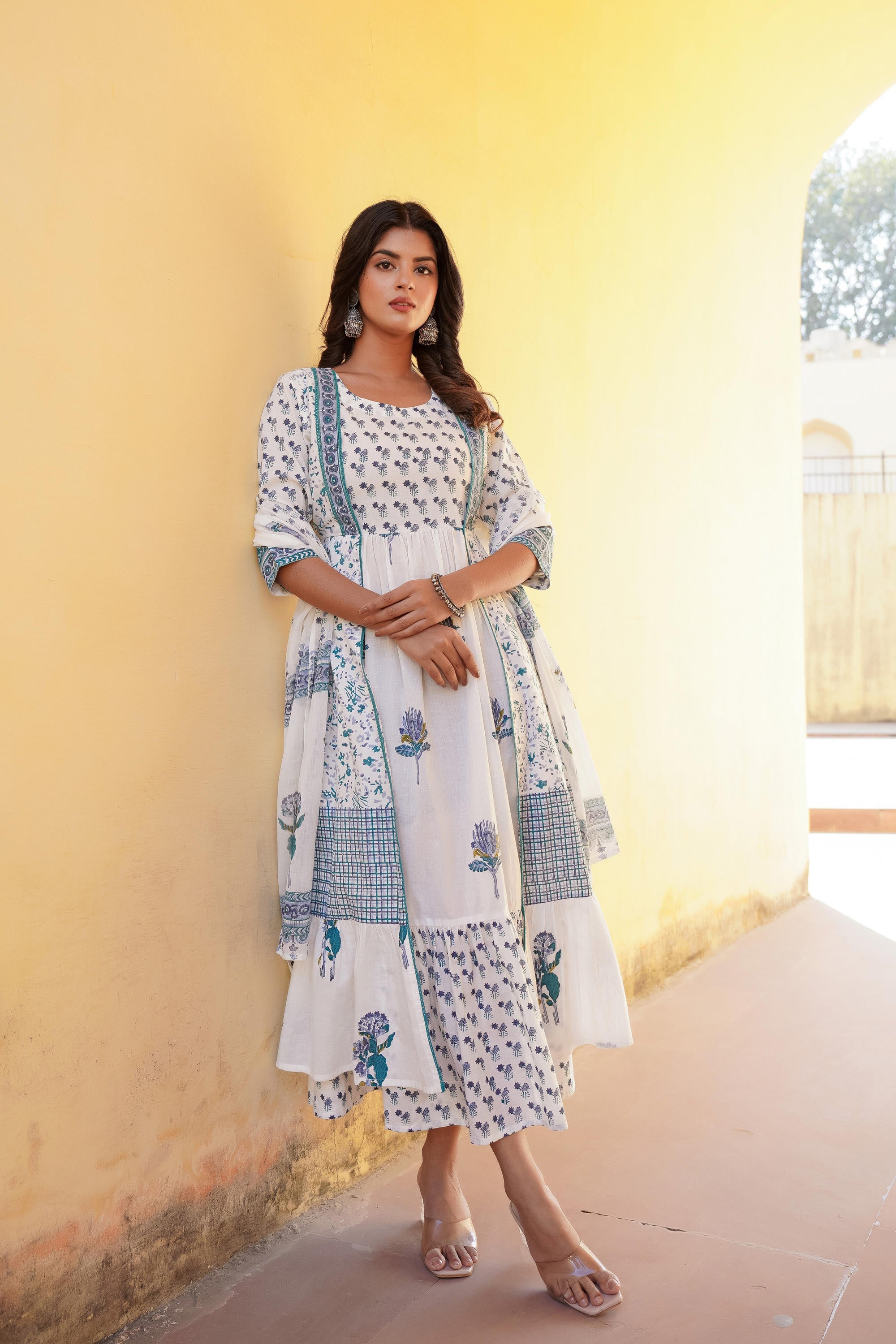 White Floral Printed Cotton Dress & Dupatta With Lace