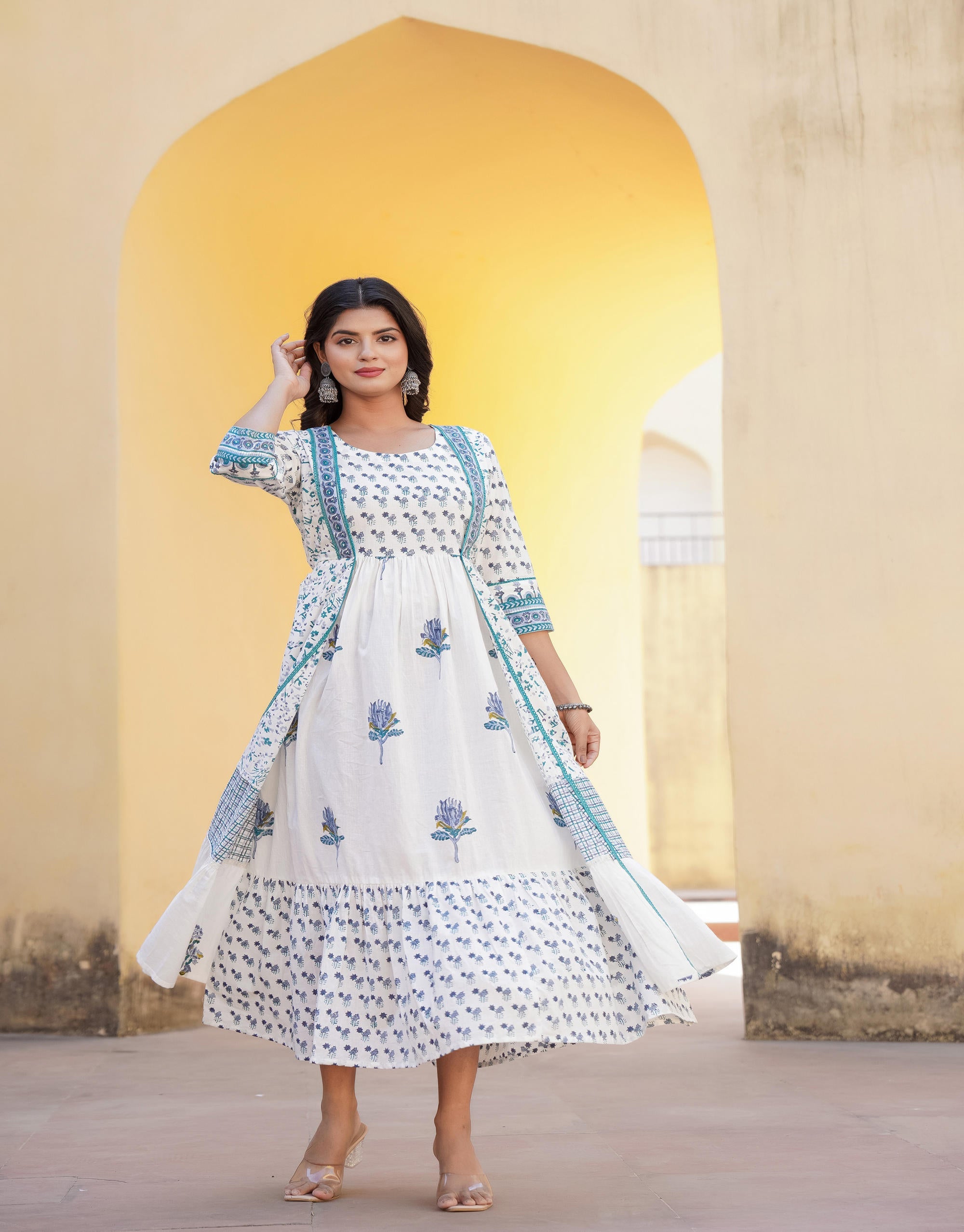 White Floral Printed Cotton Dress & Dupatta With Lace