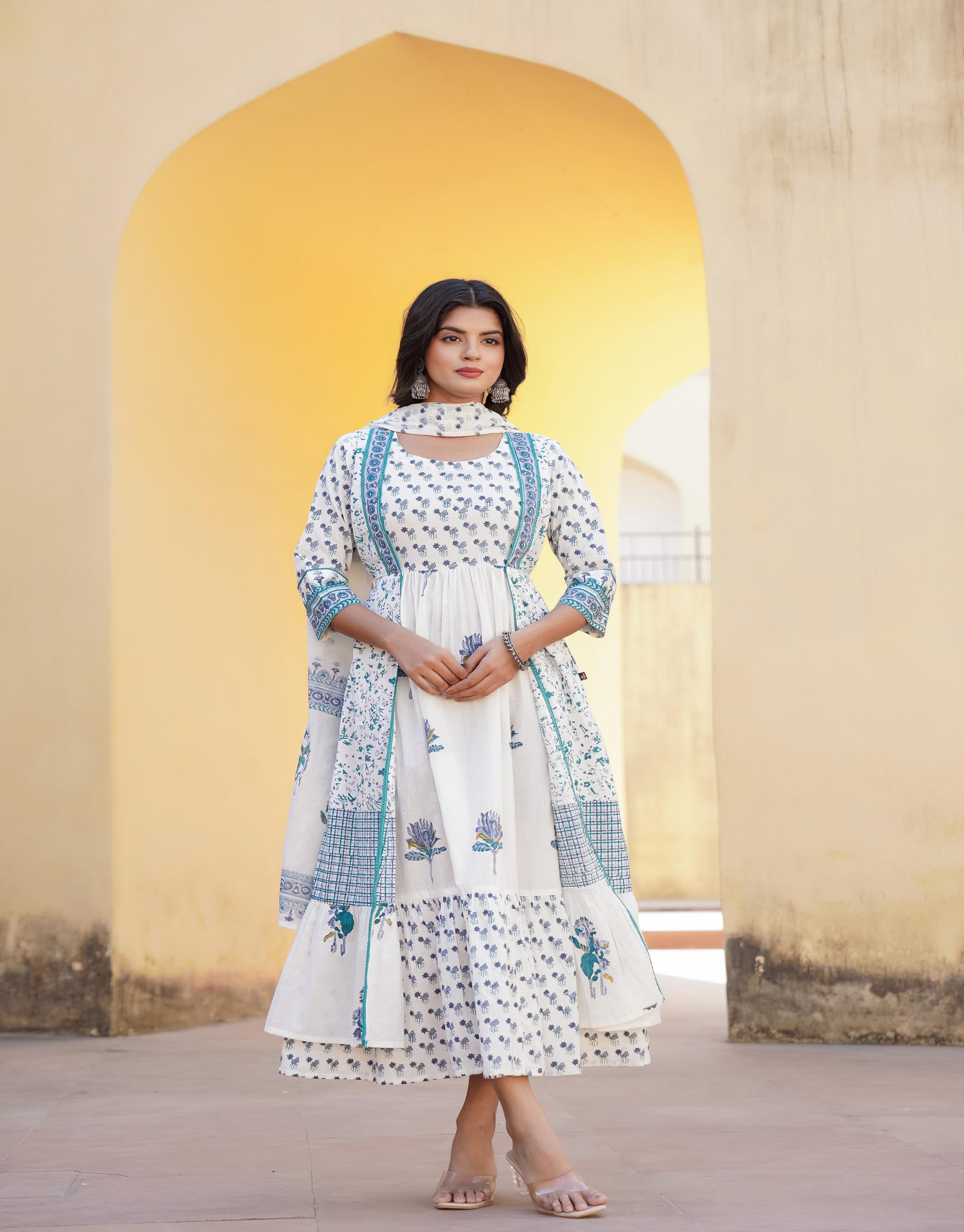 White Floral Printed Cotton Dress & Dupatta With Lace