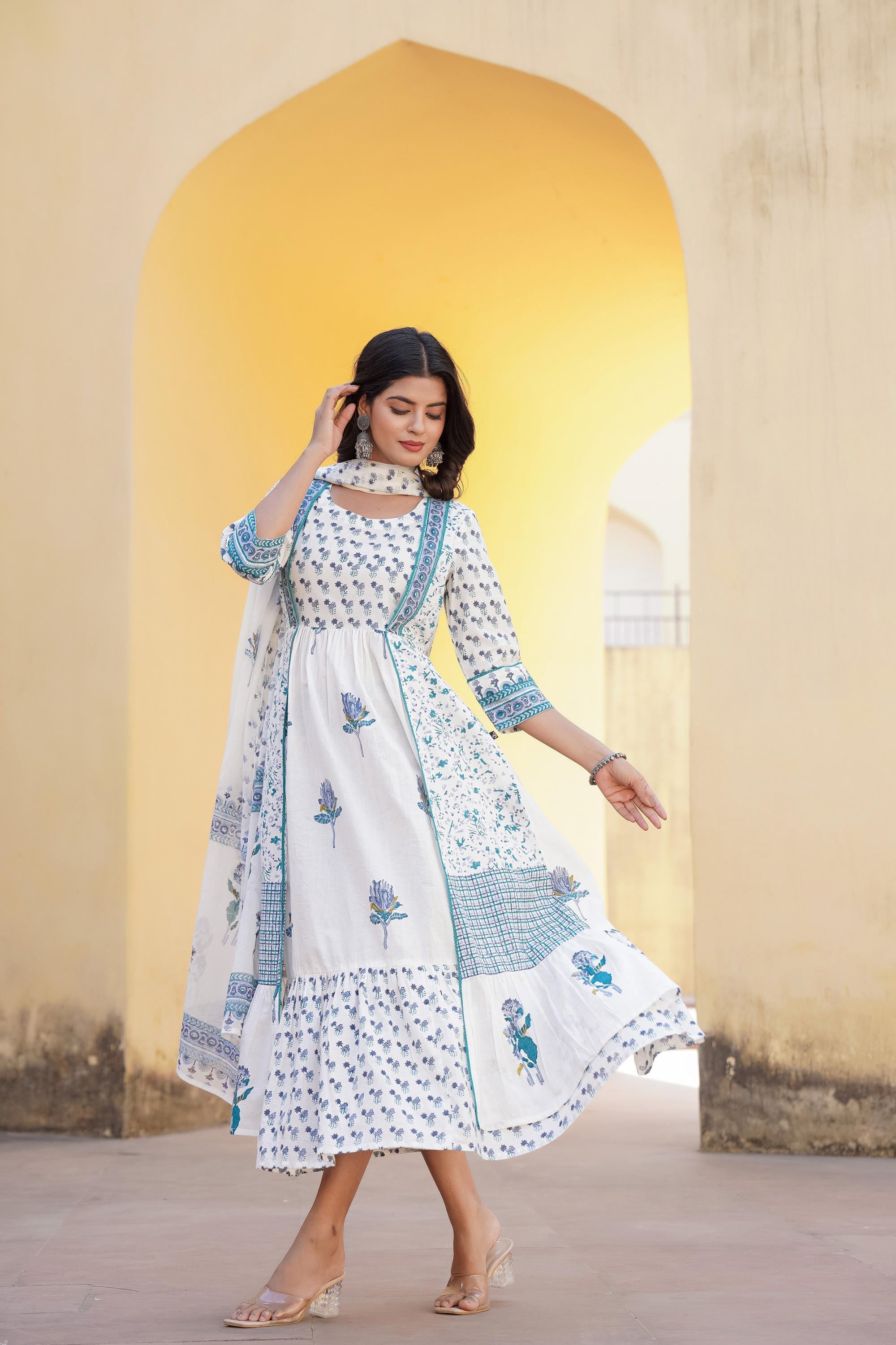 White Floral Printed Cotton Dress & Dupatta With Lace