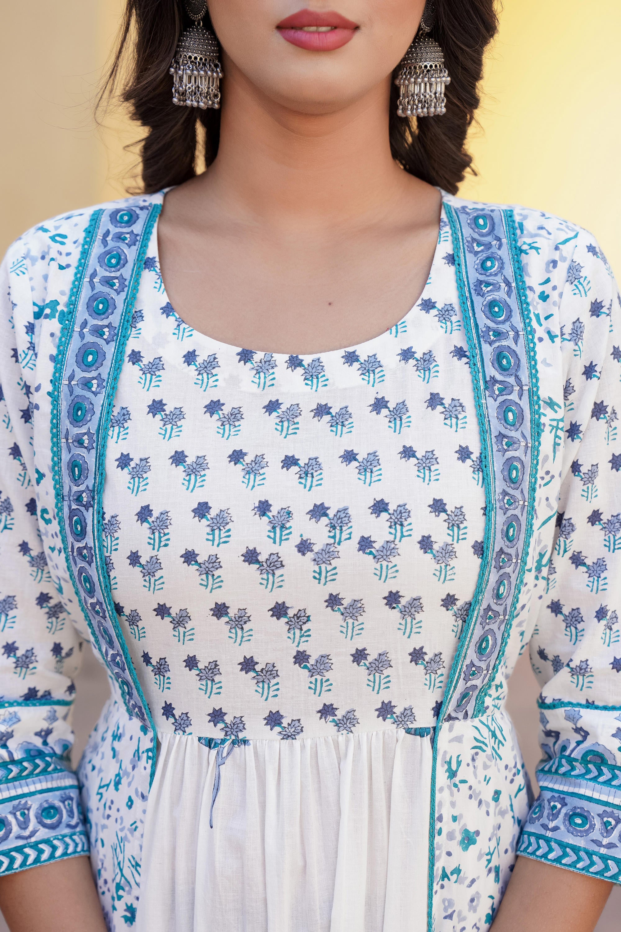 White Floral Printed Cotton Kurta & Dupatta With Lace