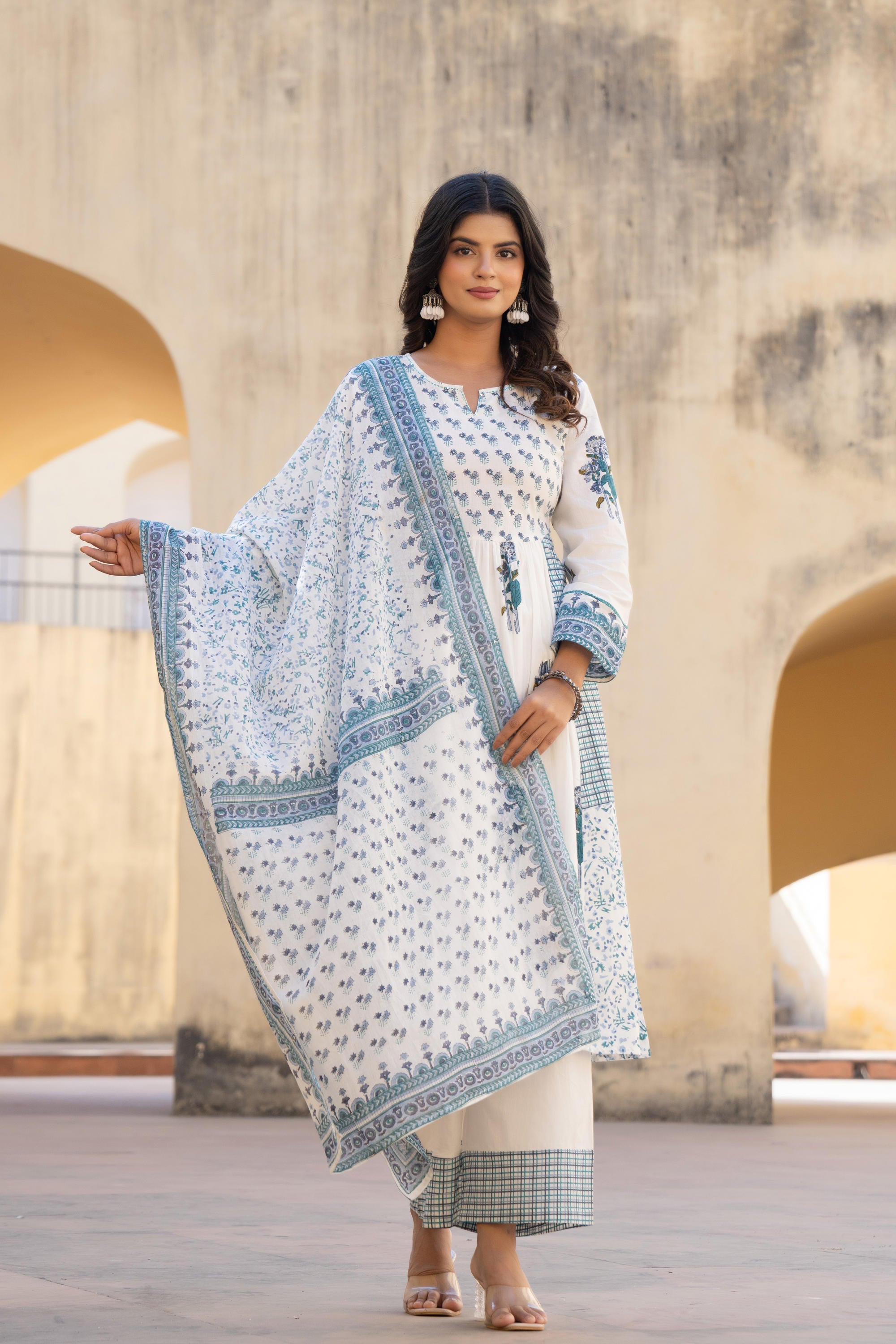 White Floral Printed Cotton Kurta Pant And Dupatta Set With Sequins & Beads