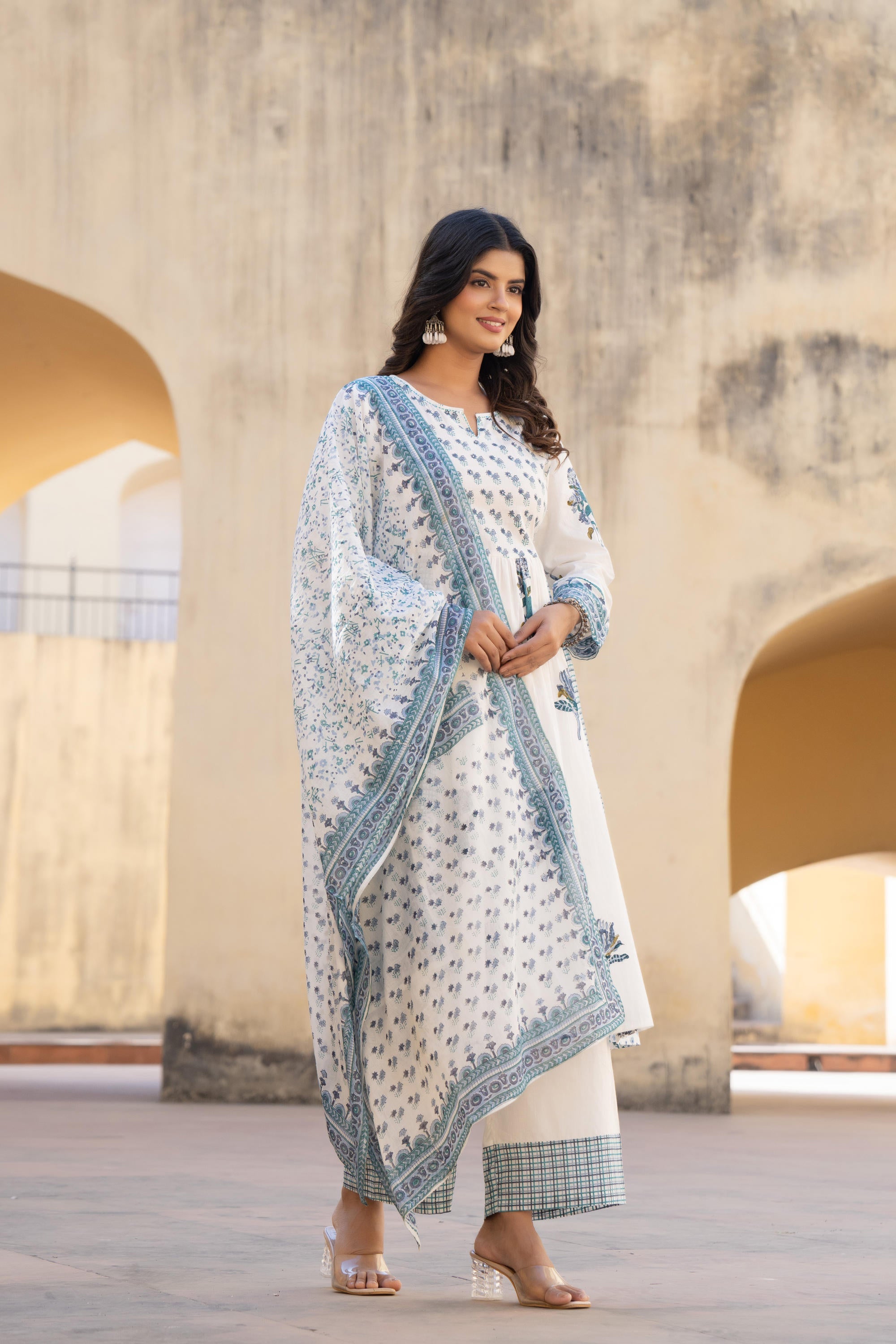 White Floral Printed Cotton Kurta Pant And Dupatta Set With Sequins & Beads