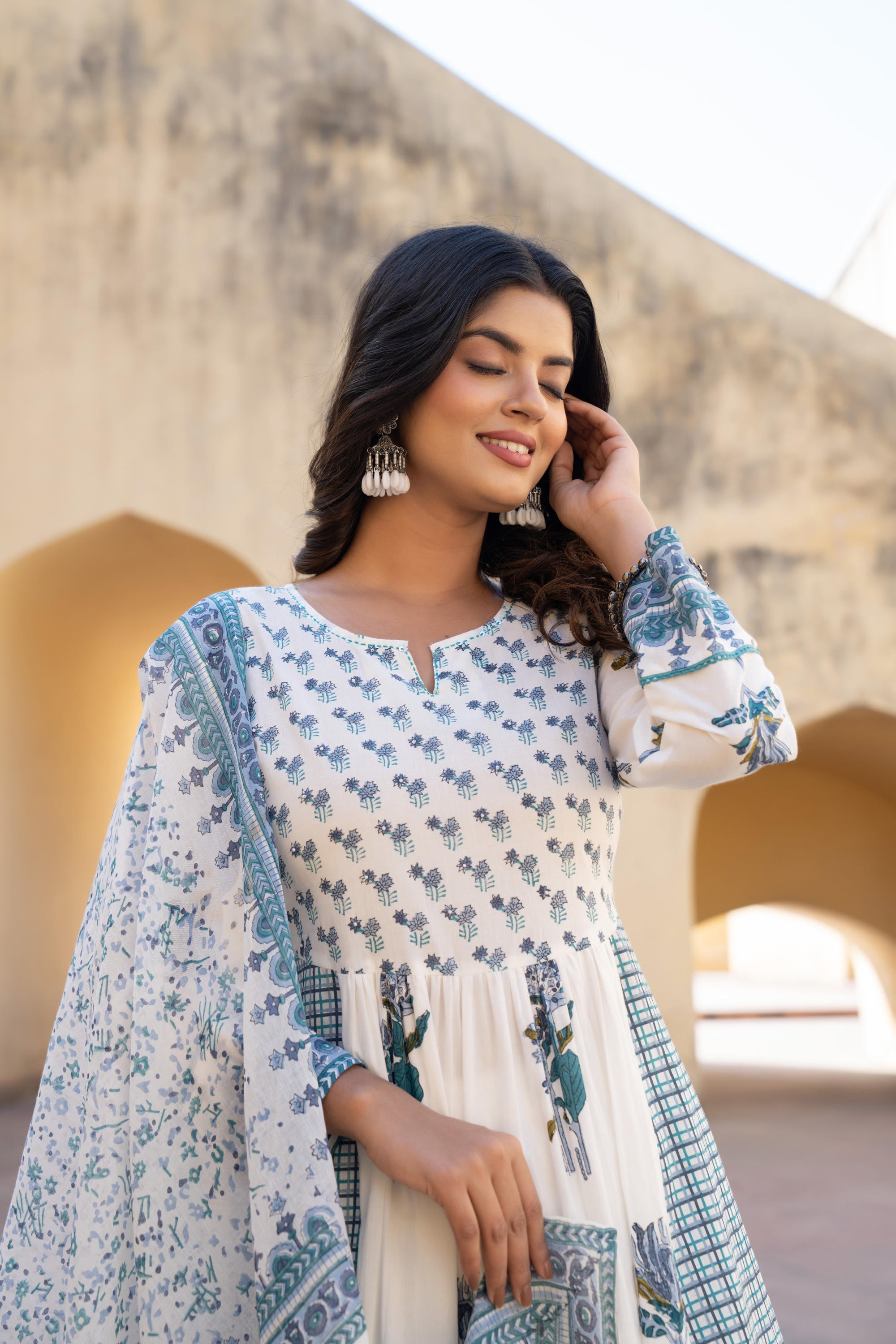 White Floral Printed Cotton Kurta Pant And Dupatta Set With Sequins & Beads