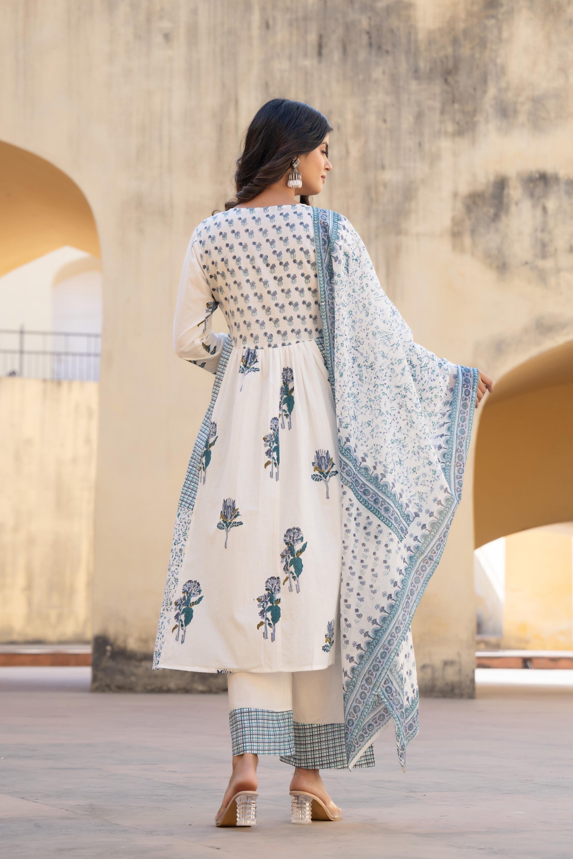 White Floral Printed Cotton Kurta Pant And Dupatta Set With Sequins & Beads