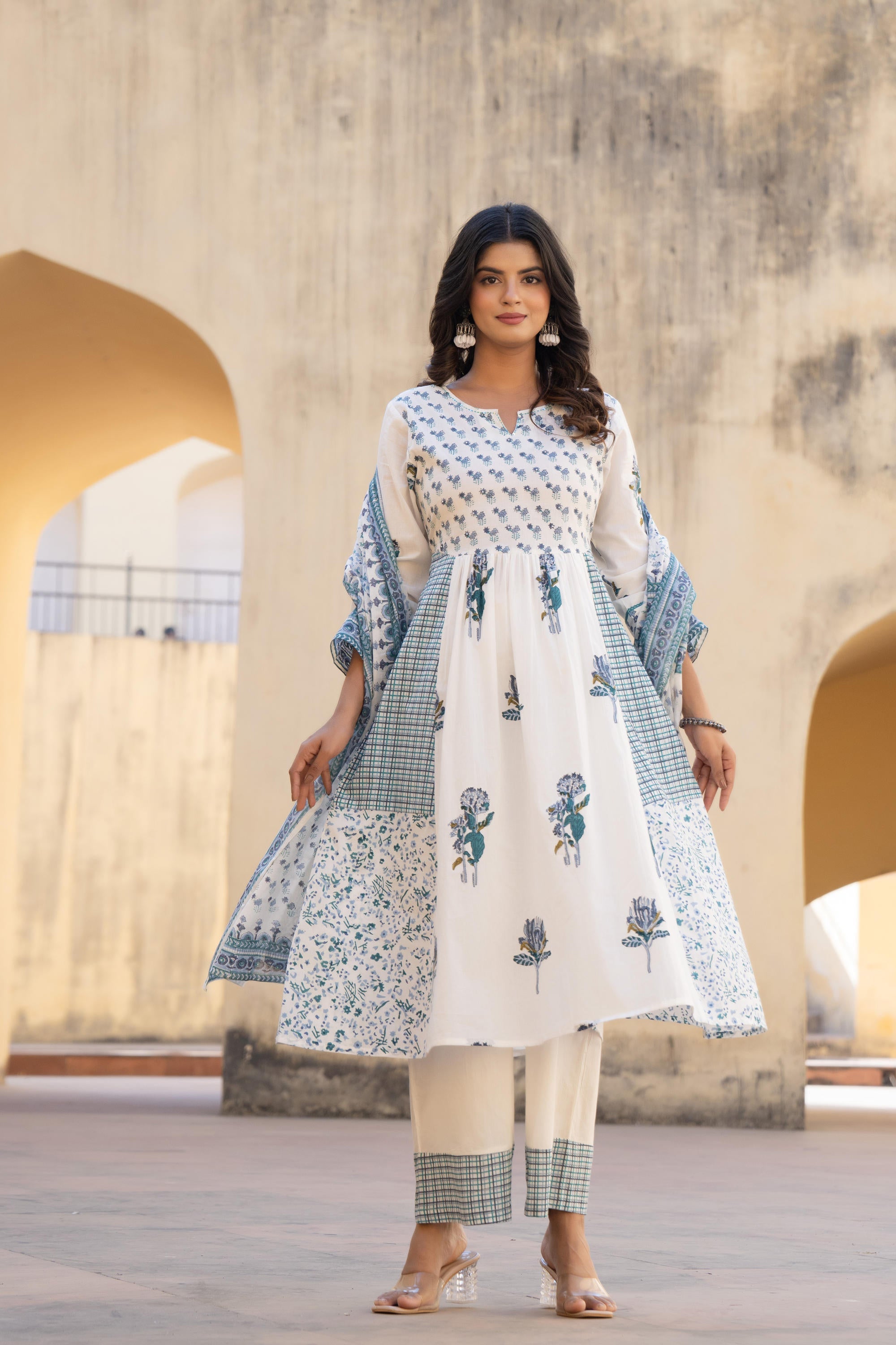 White Floral Printed Cotton Kurta Pant And Dupatta Set With Sequins & Beads