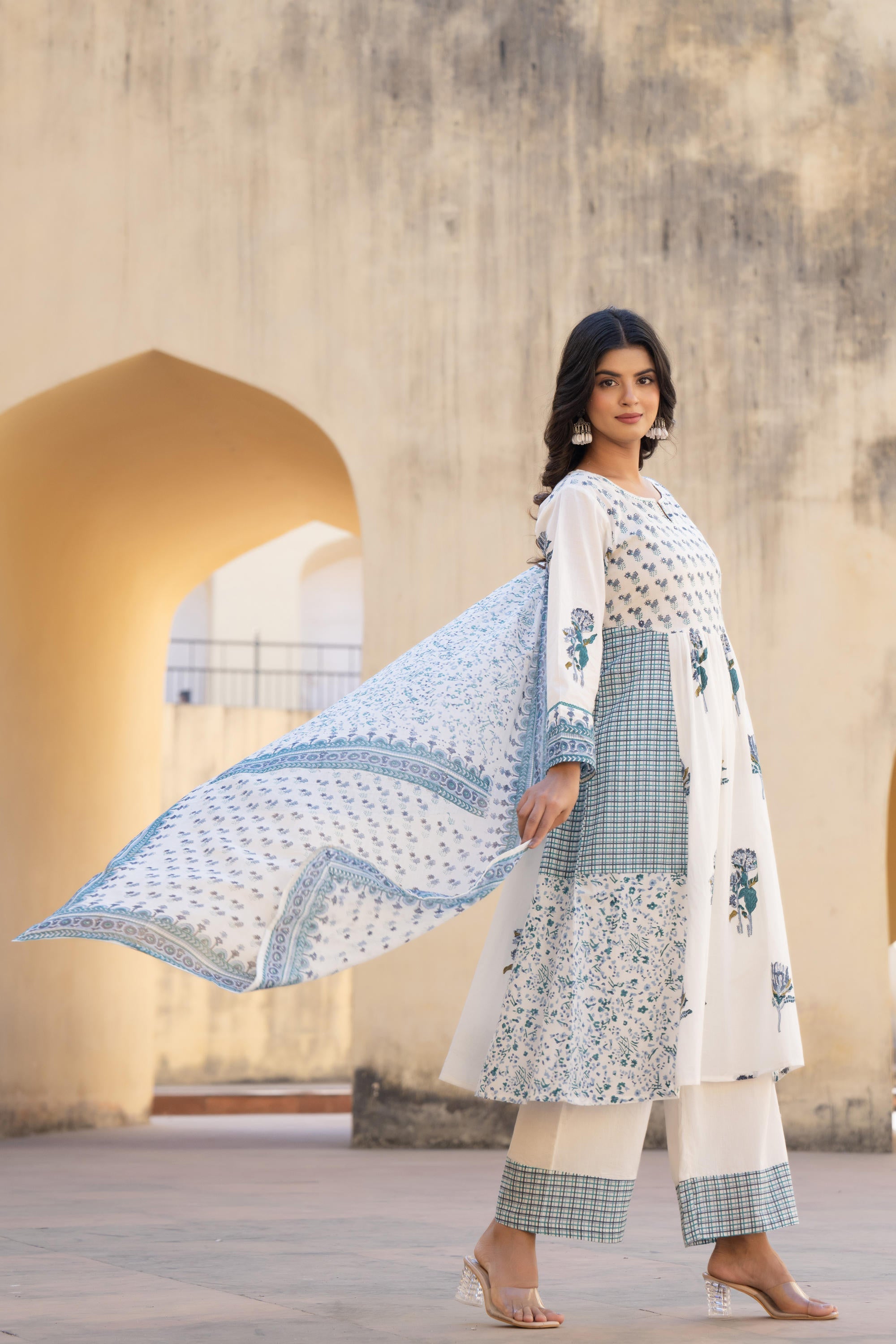 White Floral Printed Cotton Kurta Pant And Dupatta Set With Sequins & Beads