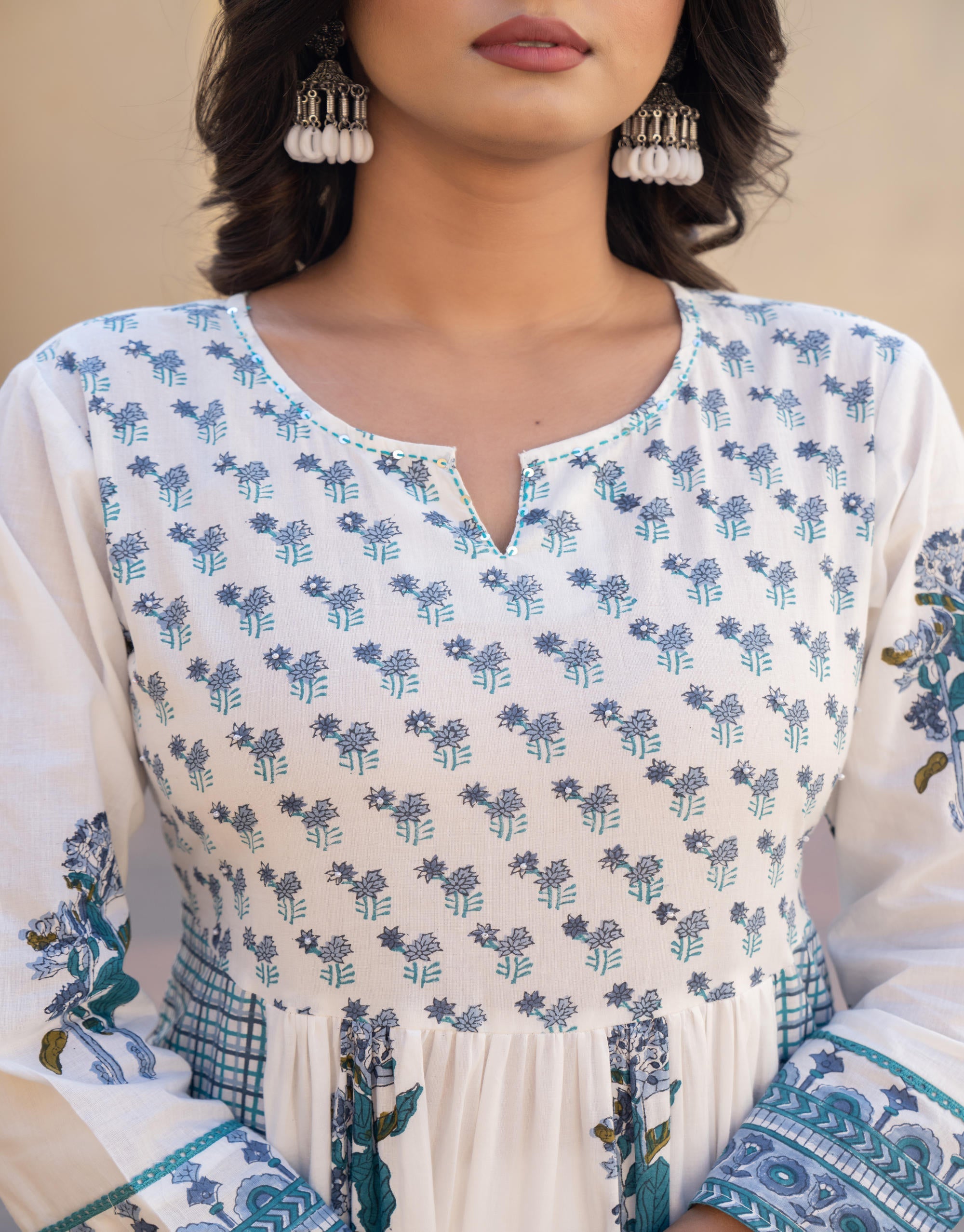 White Floral Printed Cotton Kurta Pant And Dupatta Set With Sequins & Beads