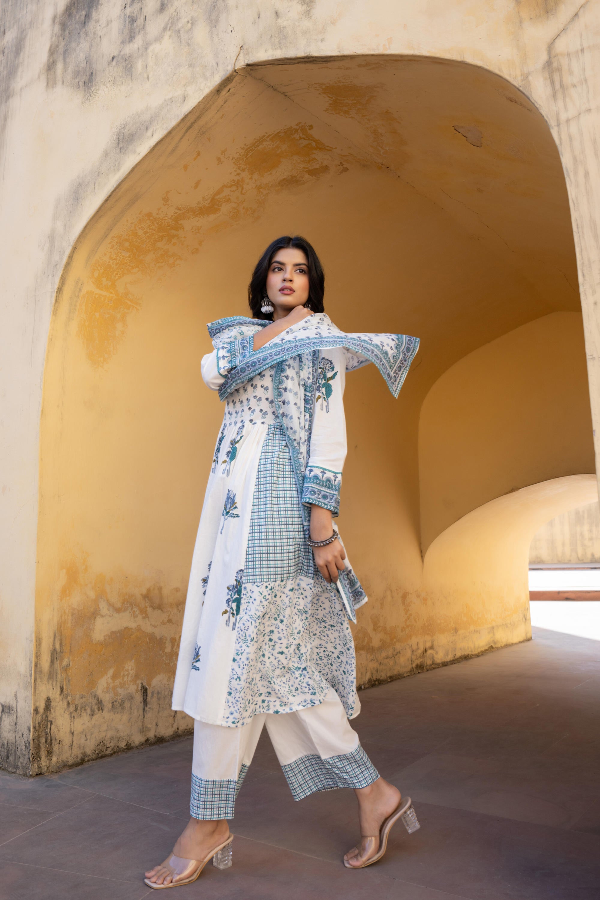 White Floral Printed Cotton Kurta Pant And Dupatta Set With Sequins & Beads