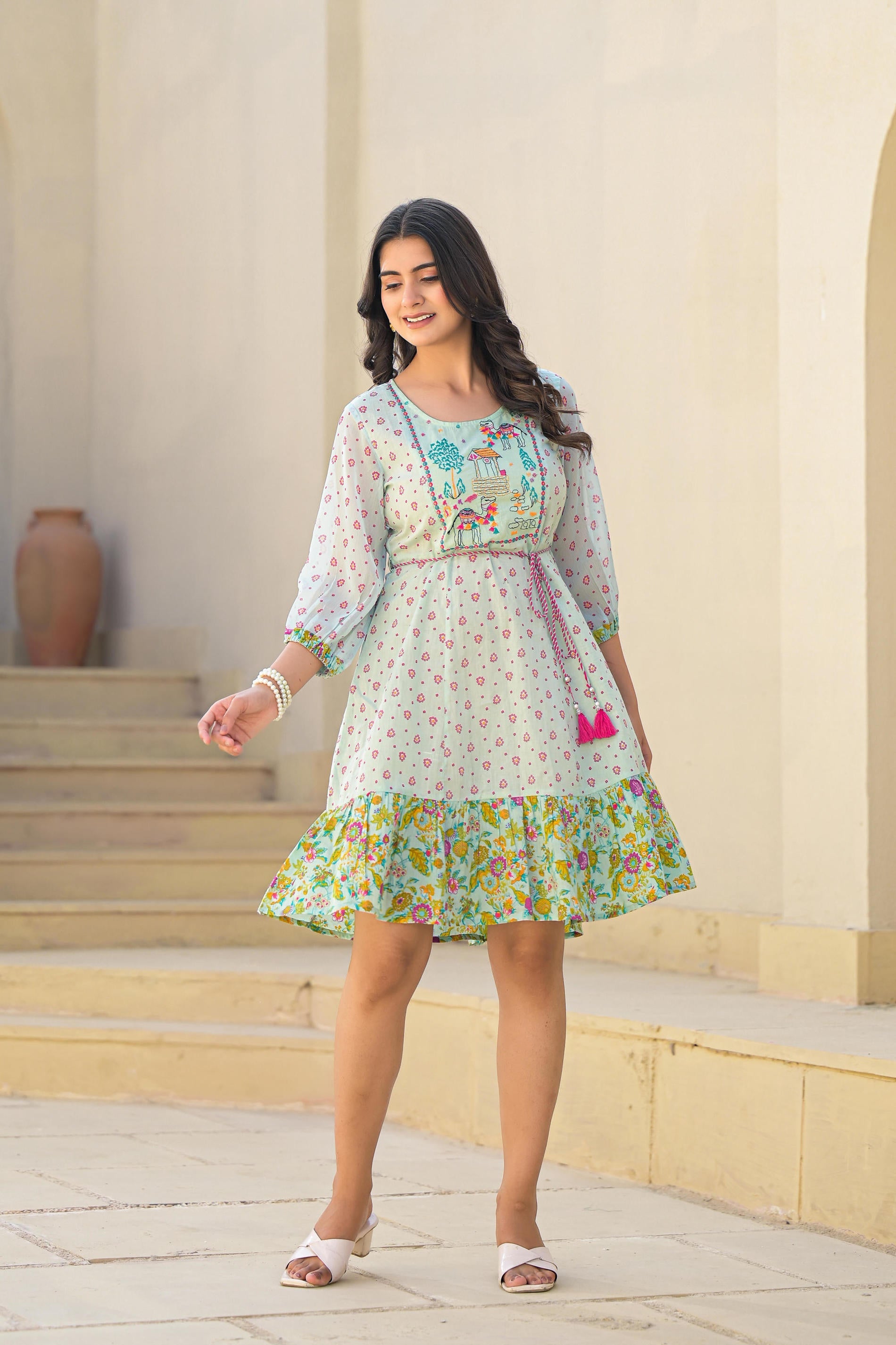 Mint Green Ethnic Motif Printed Short Dress With Dori
