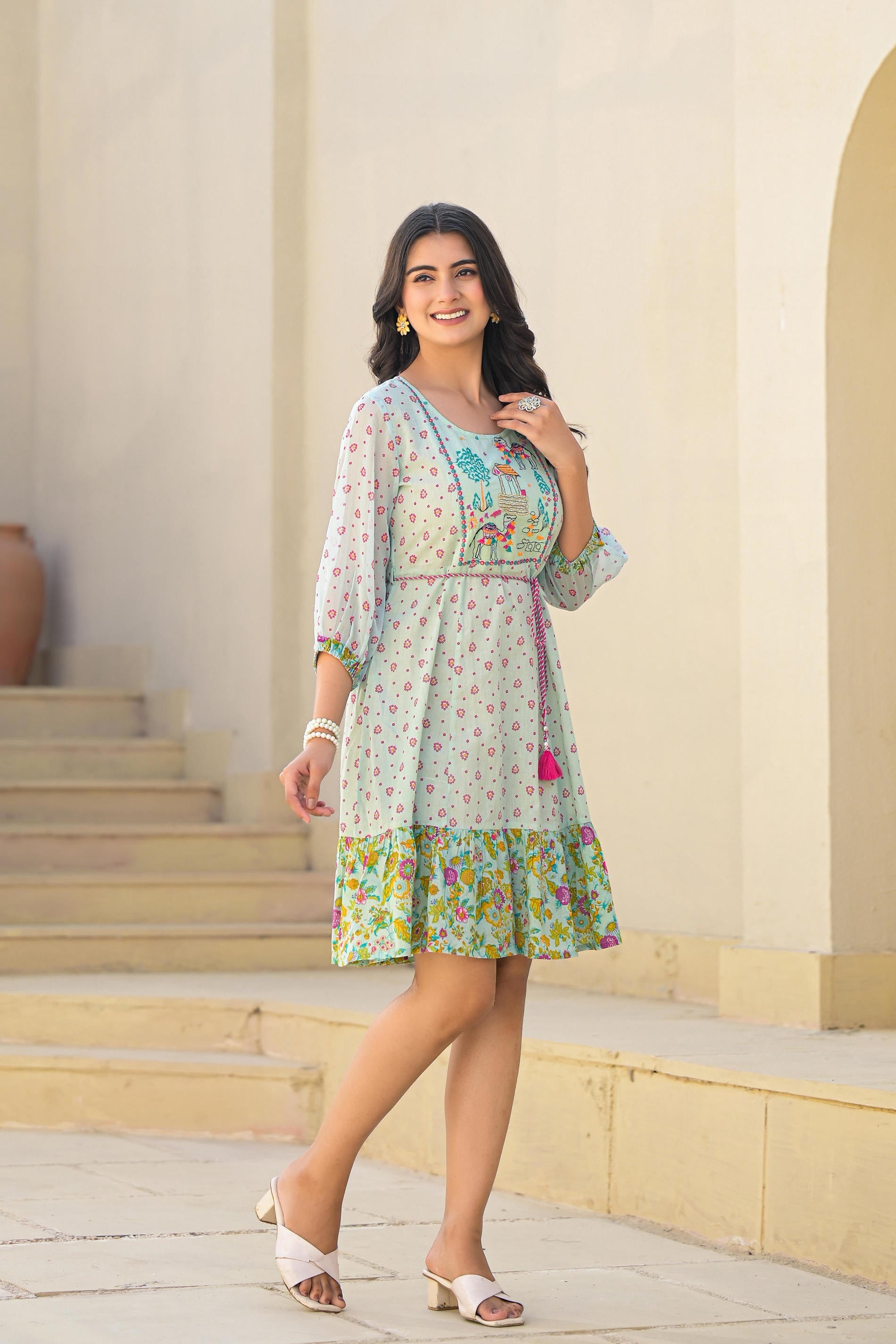 Mint Green Ethnic Motif Printed Short Dress With Dori