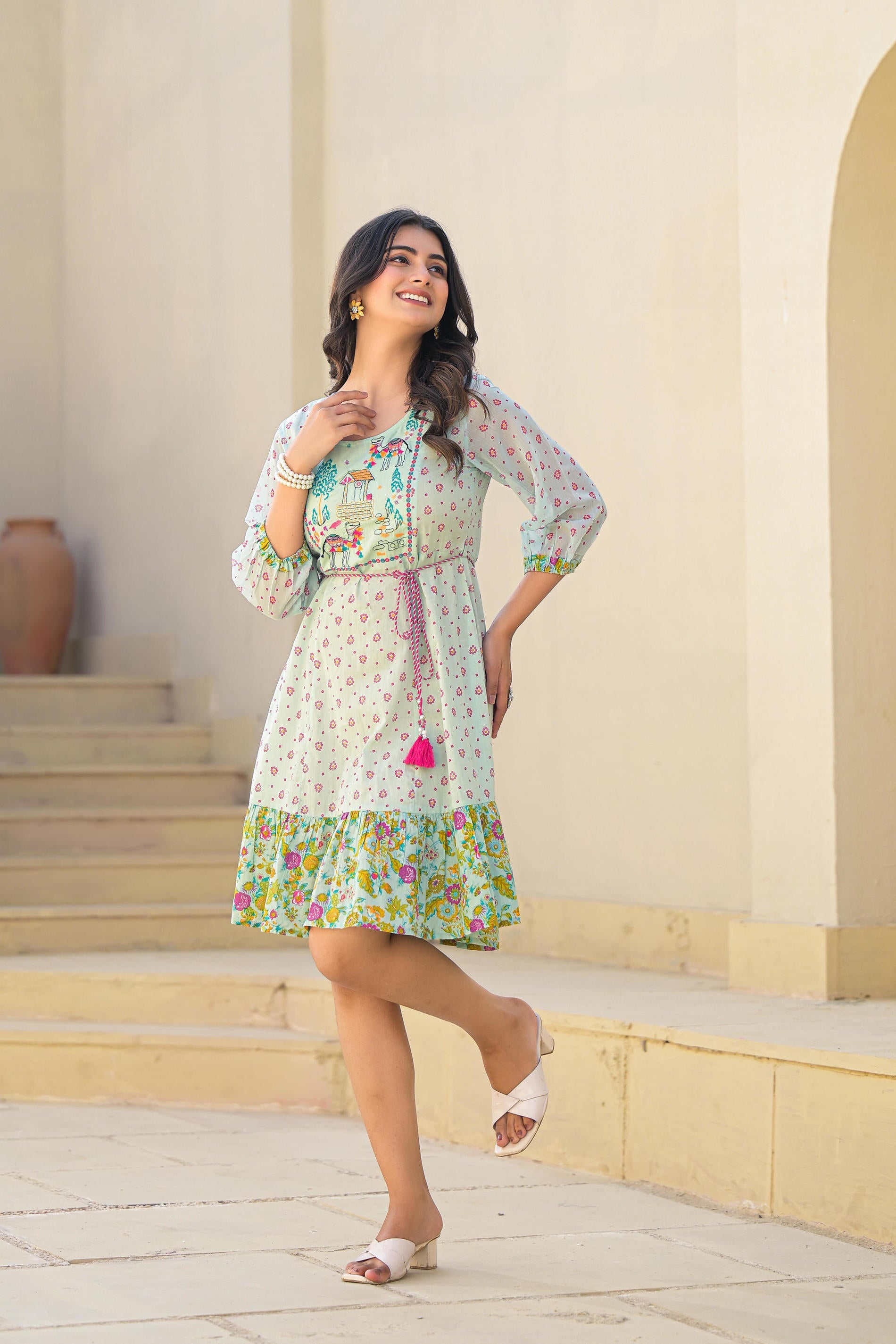 Mint Green Ethnic Motif Printed Short Dress With Dori