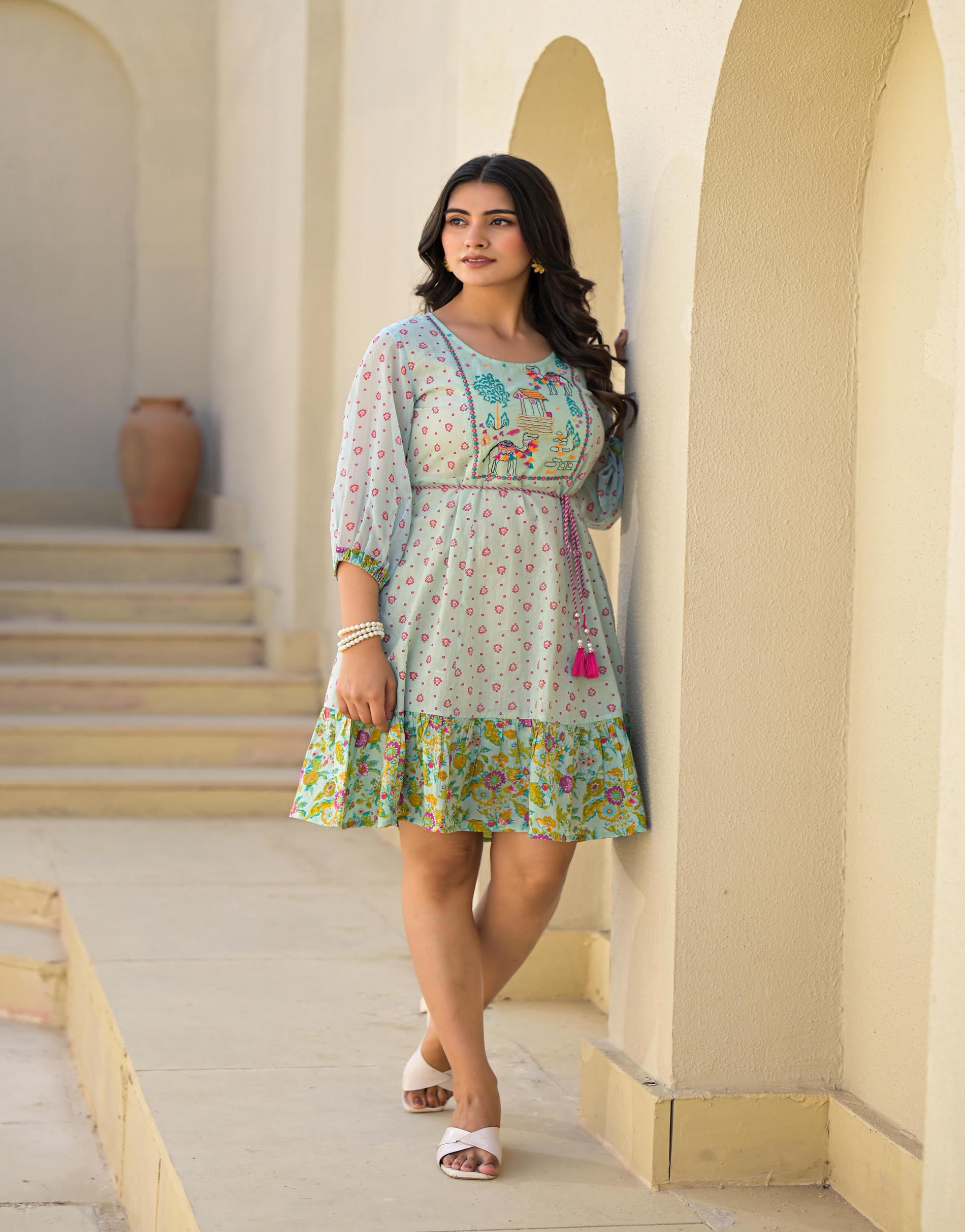 Mint Green Ethnic Motif Printed Short Dress With Dori