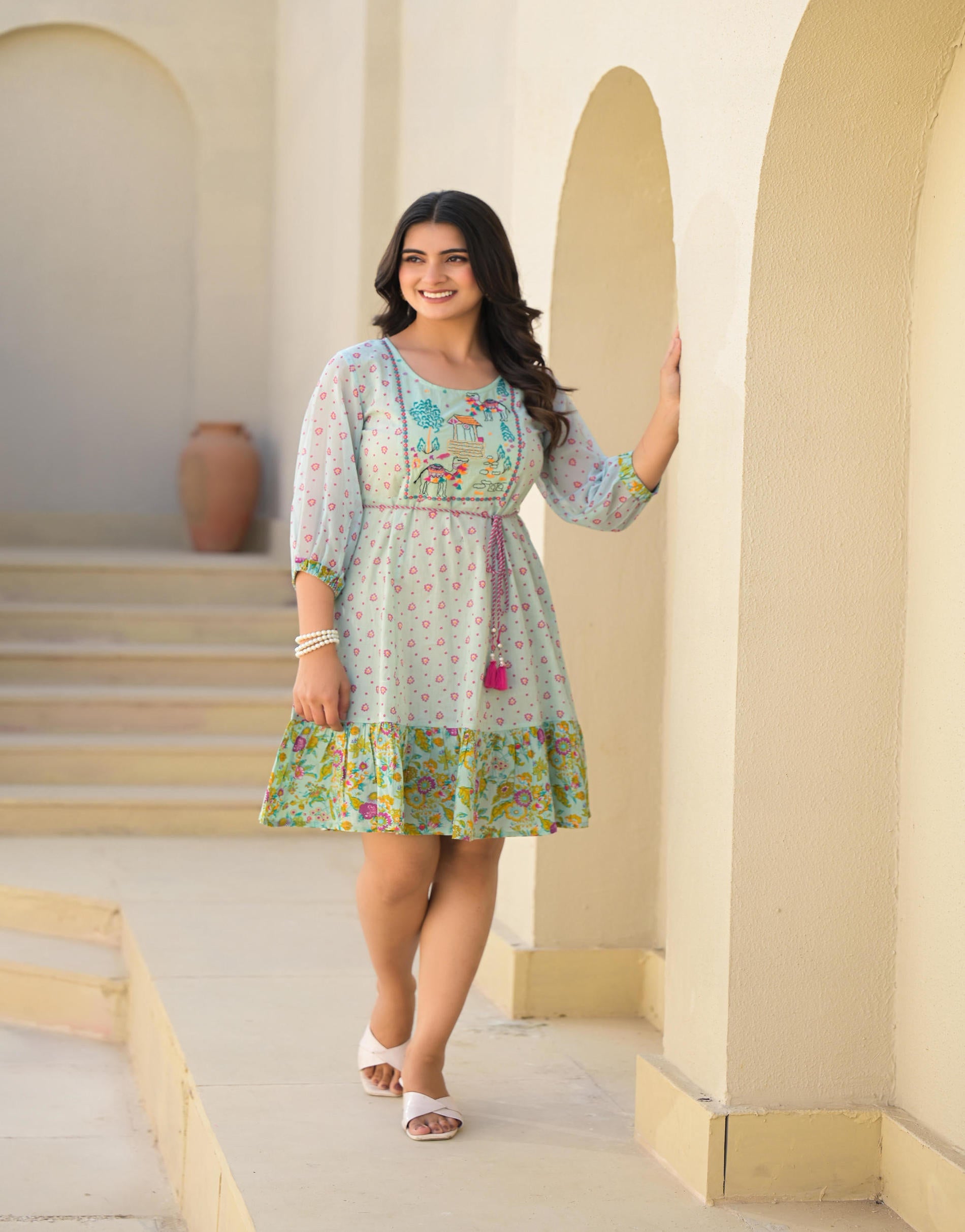 Mint Green Ethnic Motif Printed Short Dress With Dori