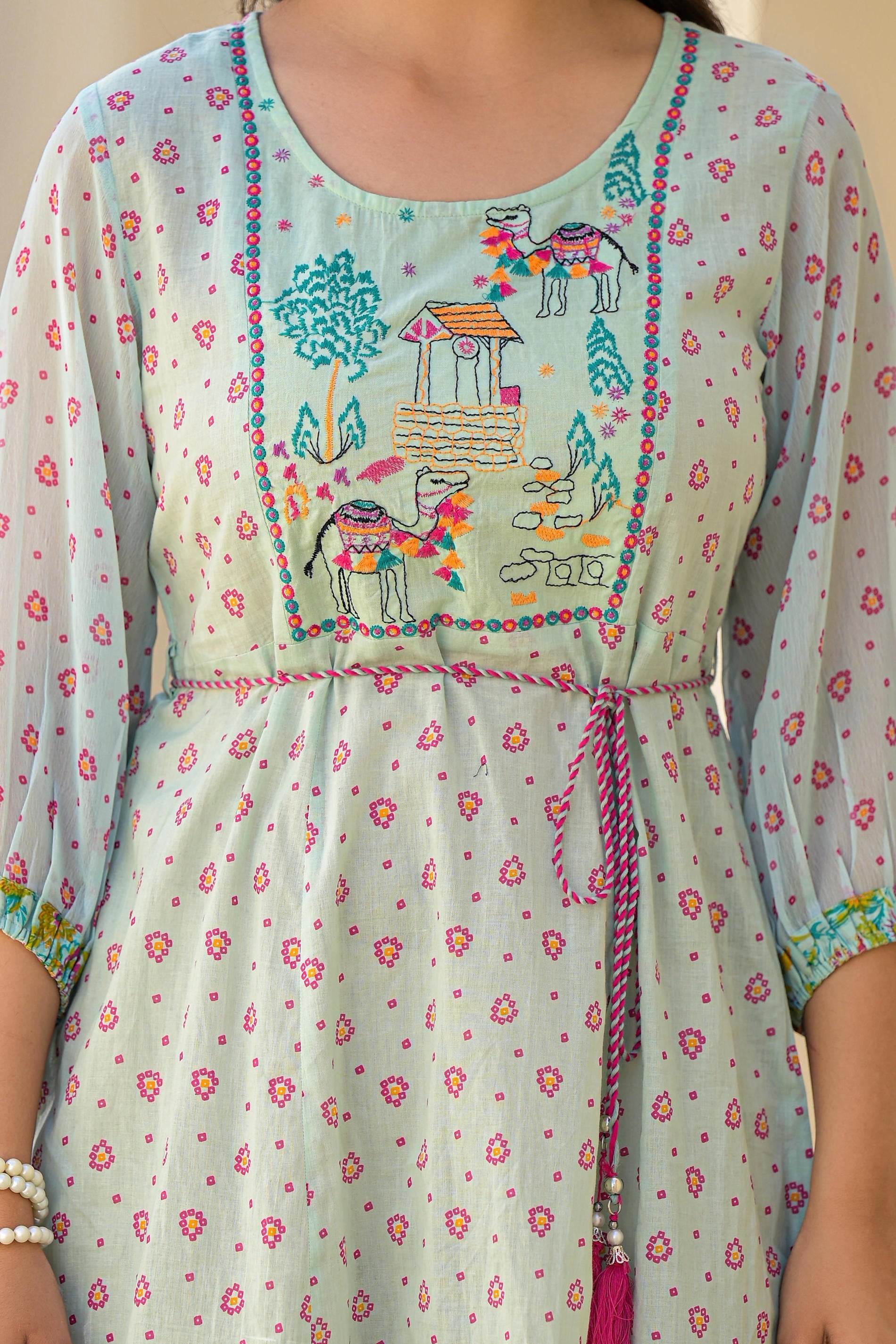 Mint Green Ethnic Motif Printed Short Dress With Dori