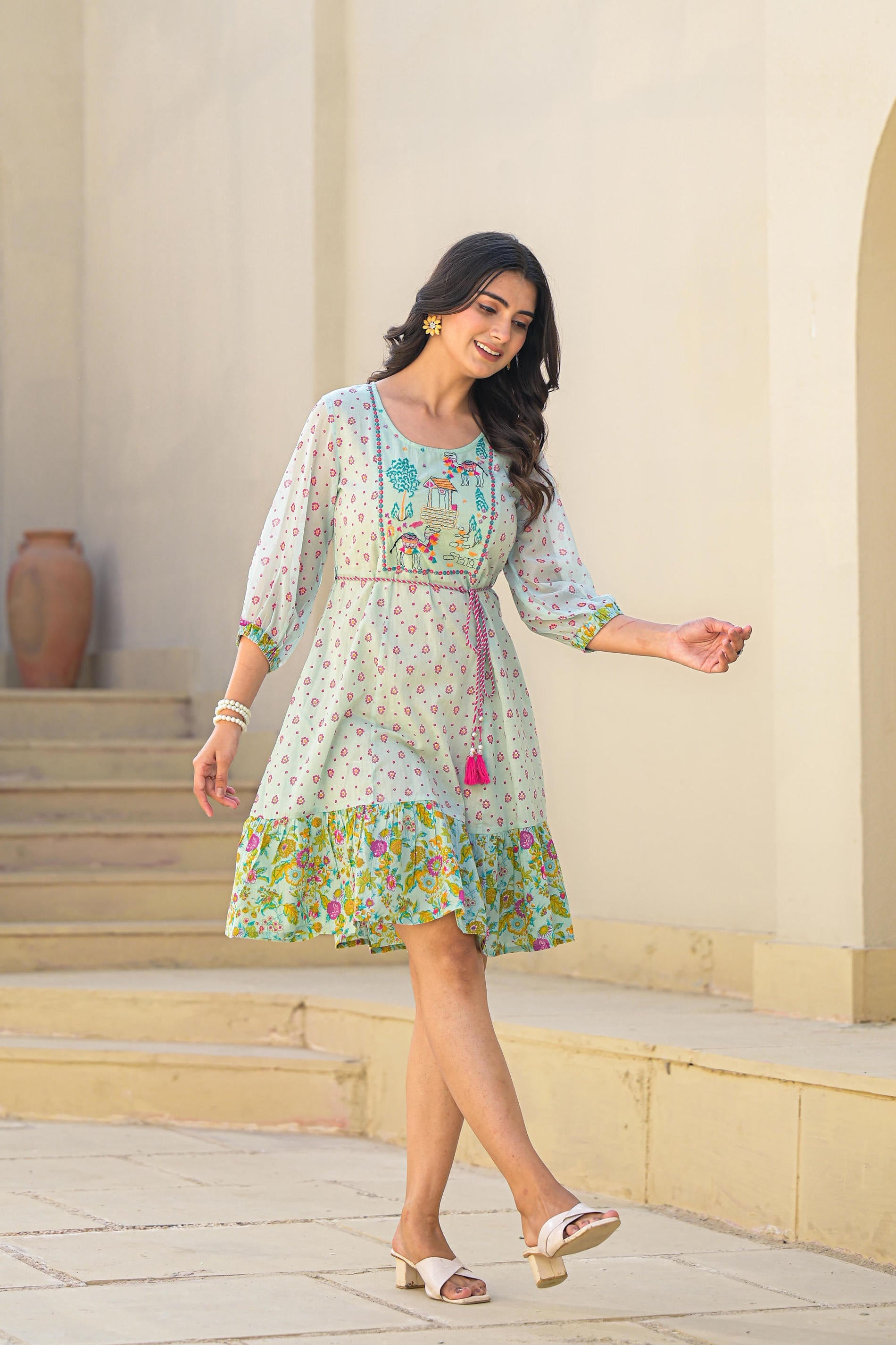 Mint Green Ethnic Motif Printed Short Dress With Dori
