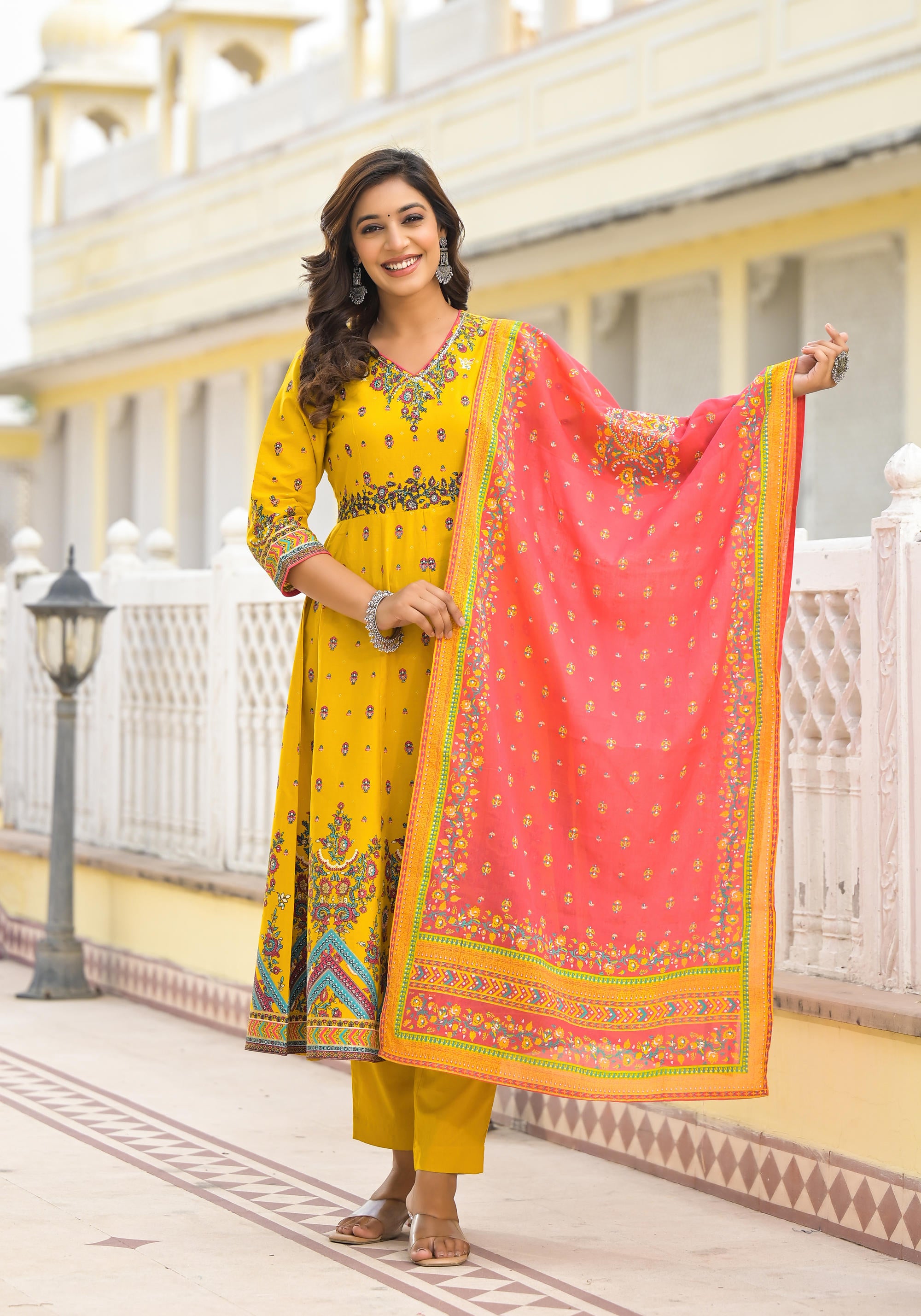 Mustard Ethnic Motif Printed Cotton A-Line Kurta Pant And Dupatta Set With Sequins