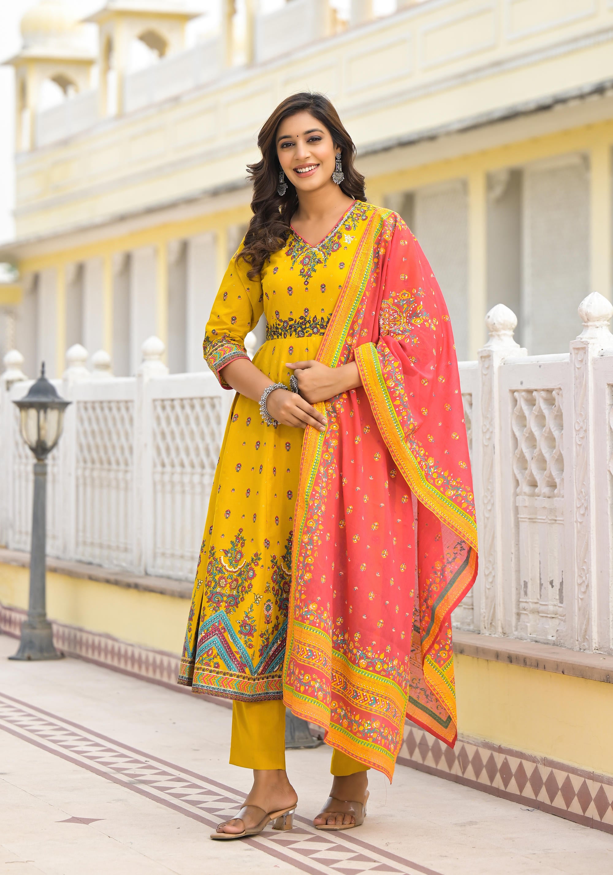 Mustard Ethnic Motif Printed Cotton A-Line Kurta Pant And Dupatta Set With Sequins