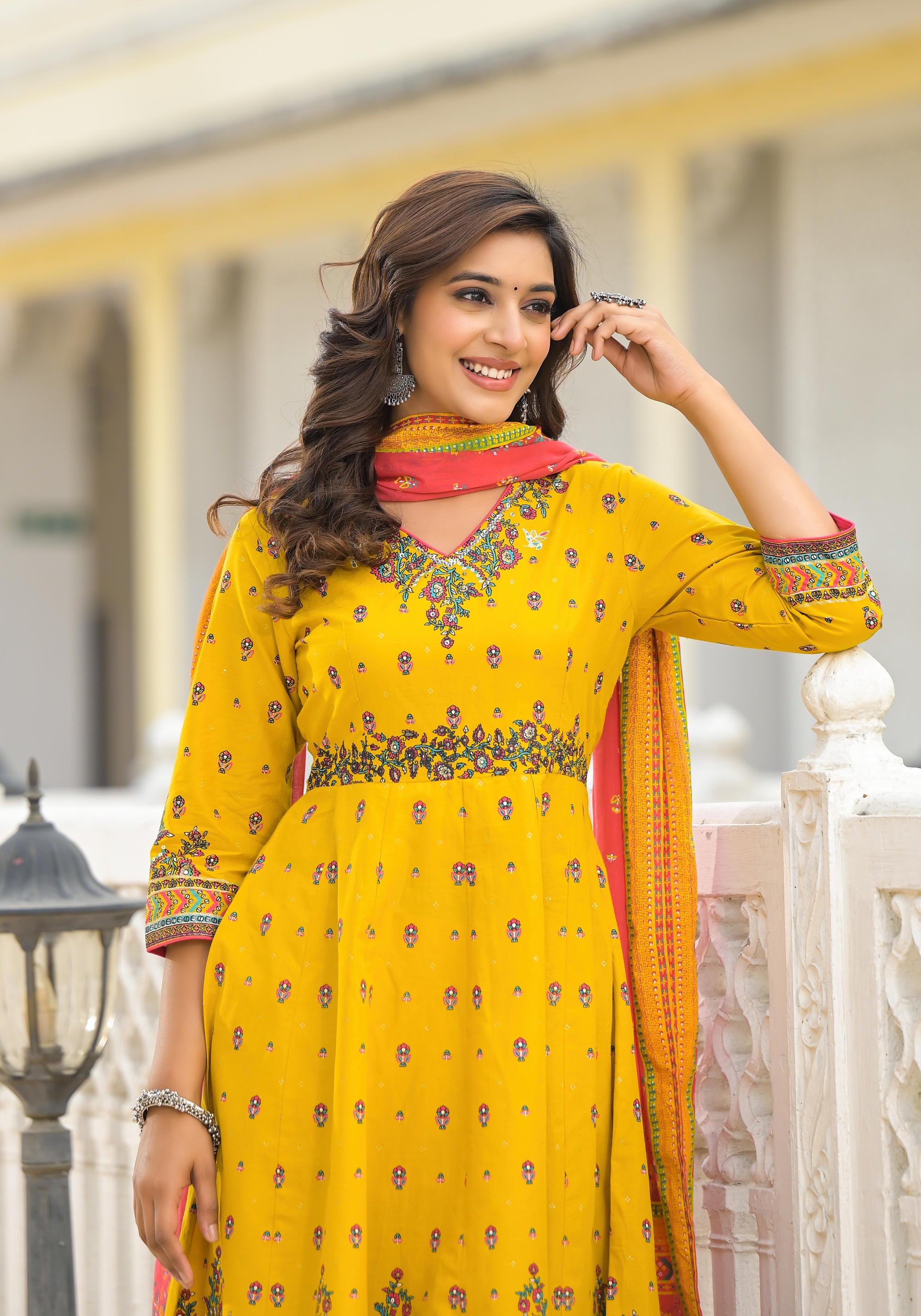 Mustard Ethnic Motif Printed Cotton A-Line Kurta Pant And Dupatta Set With Sequins