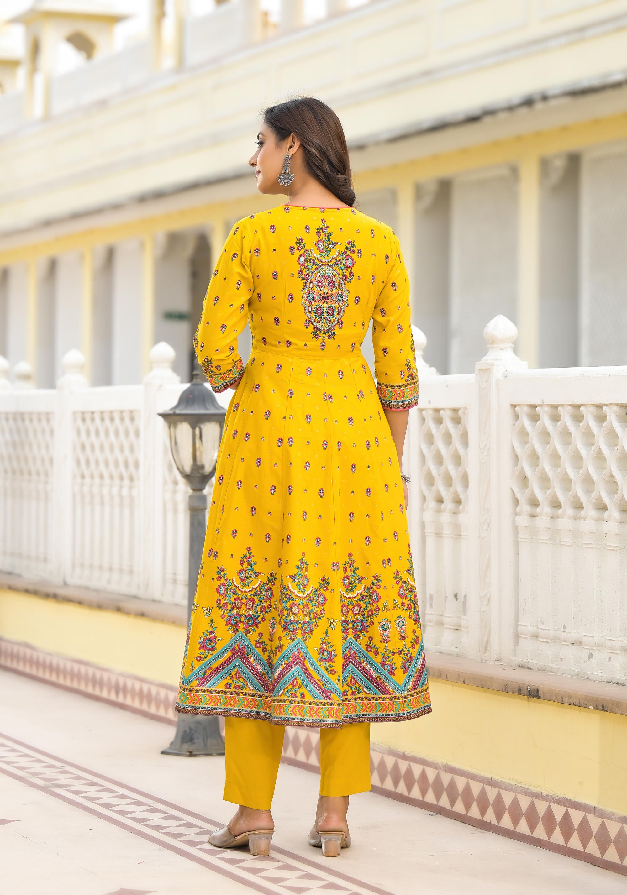 Mustard Ethnic Motif Printed Cotton A-Line Kurta Pant And Dupatta Set With Sequins