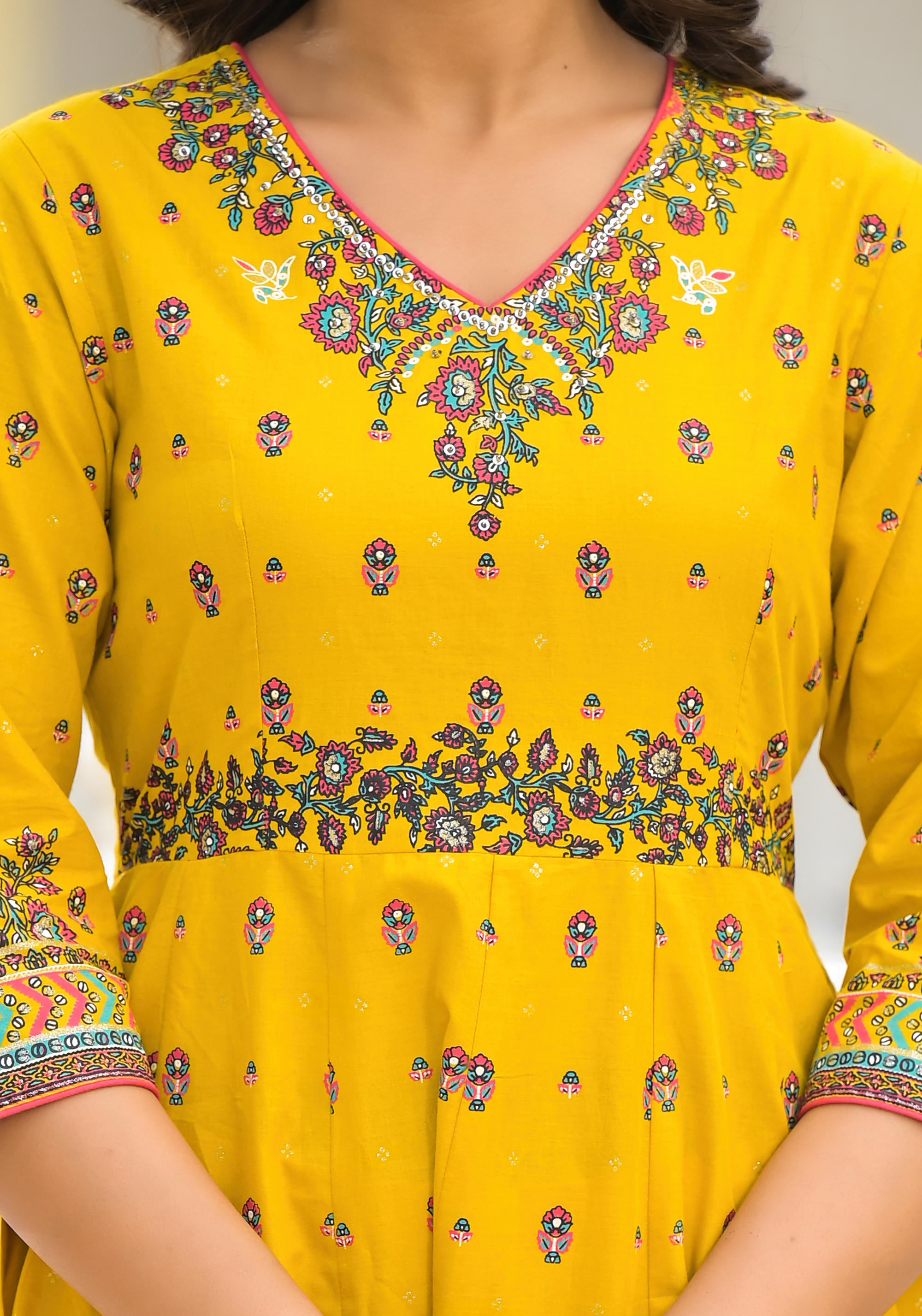 Mustard Ethnic Motif Printed Cotton A-Line Kurta Pant And Dupatta Set With Sequins