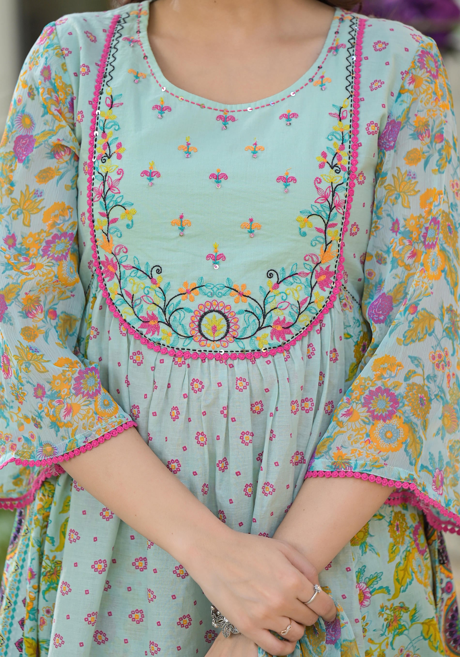 Mint Green Printed Ethnic Set with Dupatta