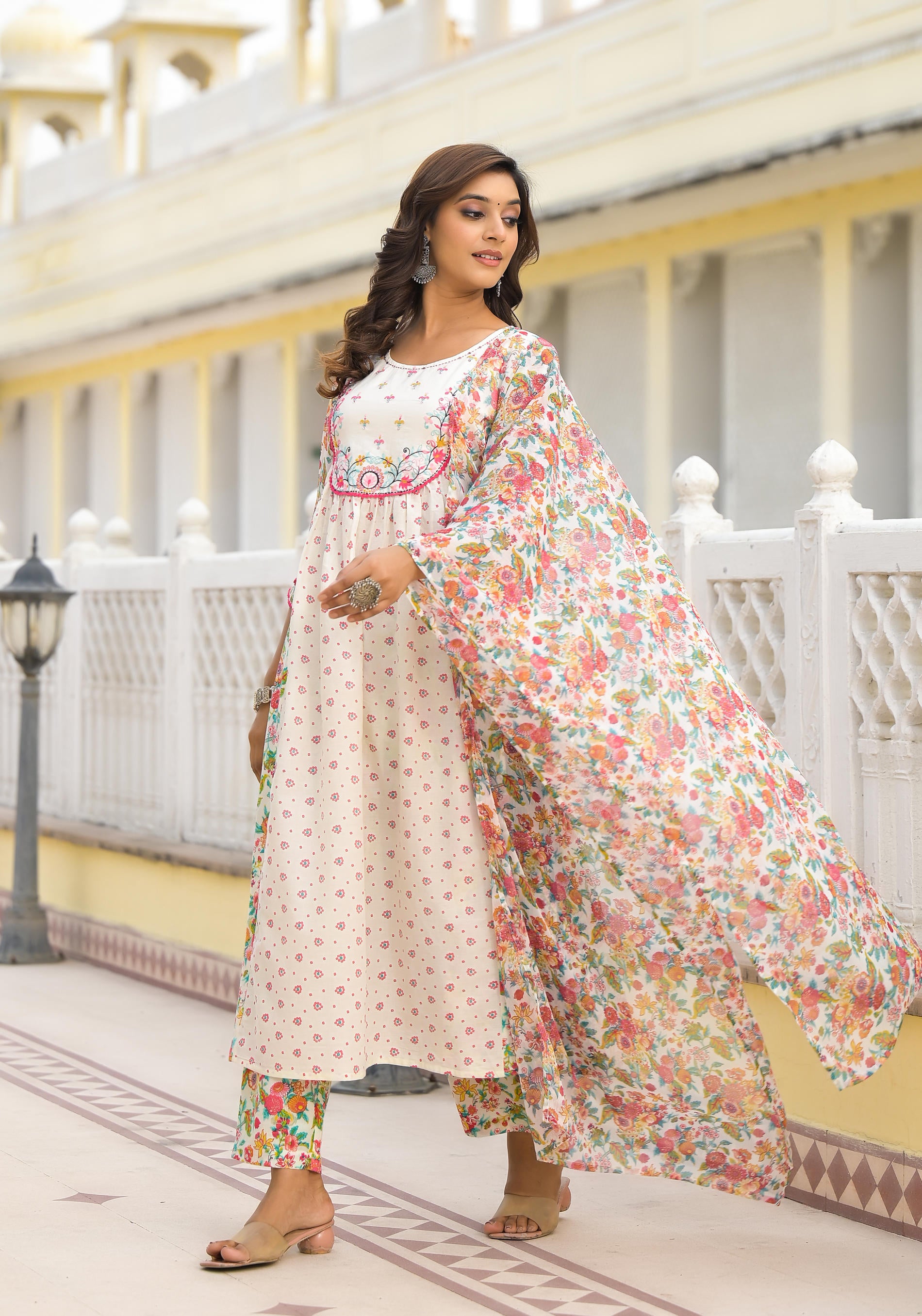 Off-White Printed Ethnic Set with Dupatta