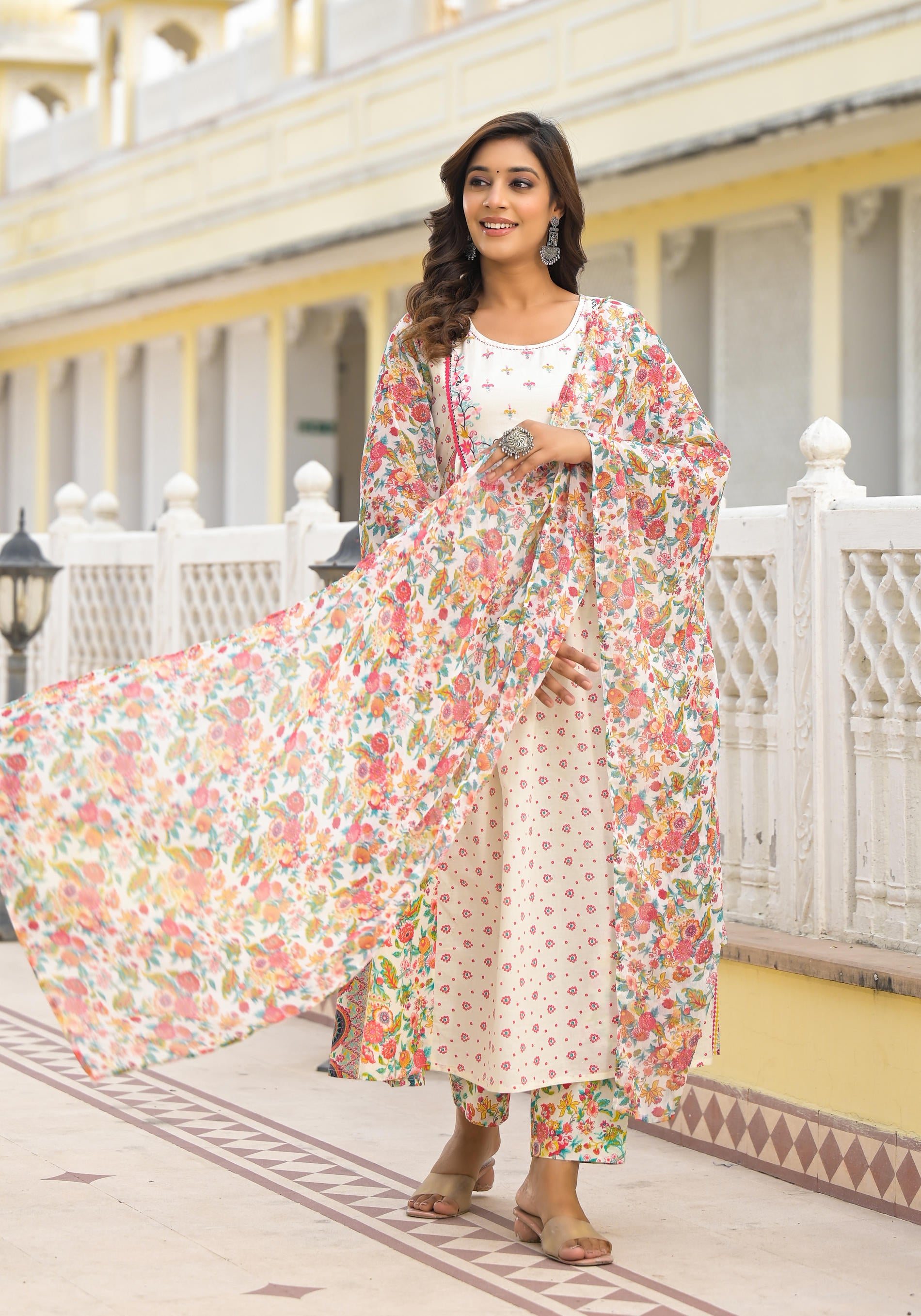 Off-White Printed Ethnic Set with Dupatta