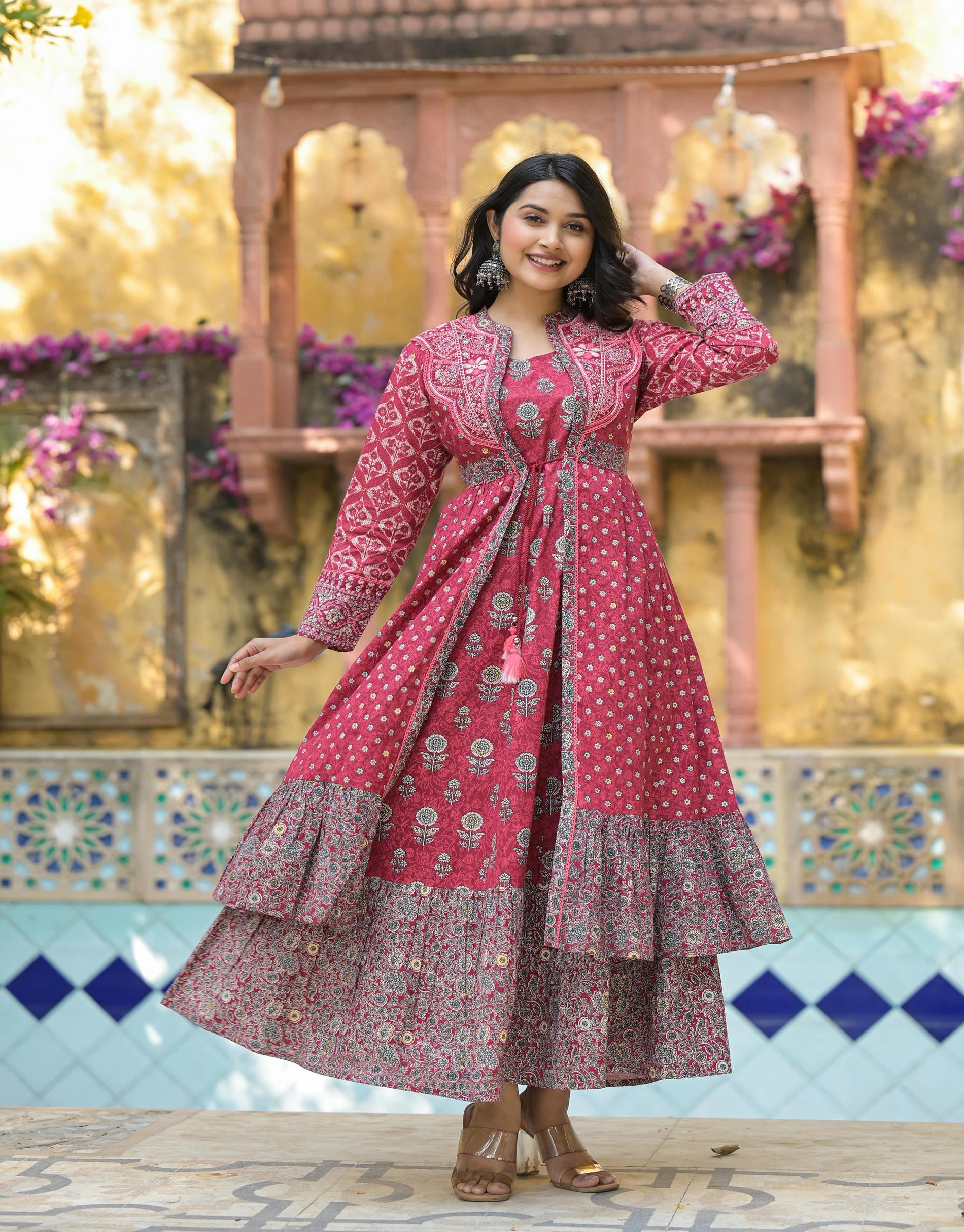 Maroon Floral Printed Cotton Long Dress With Shrug