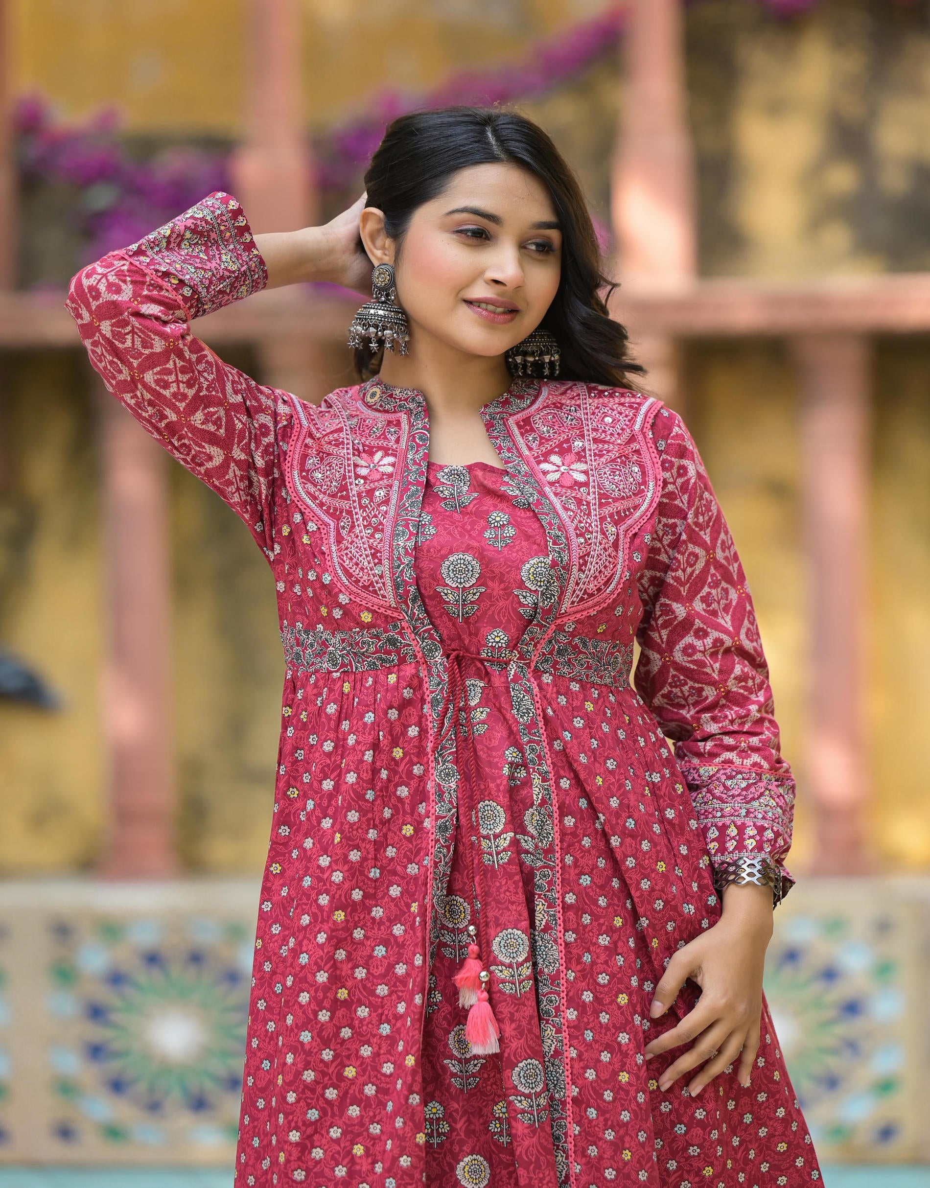 Maroon Floral Printed Cotton Long Dress With Shrug