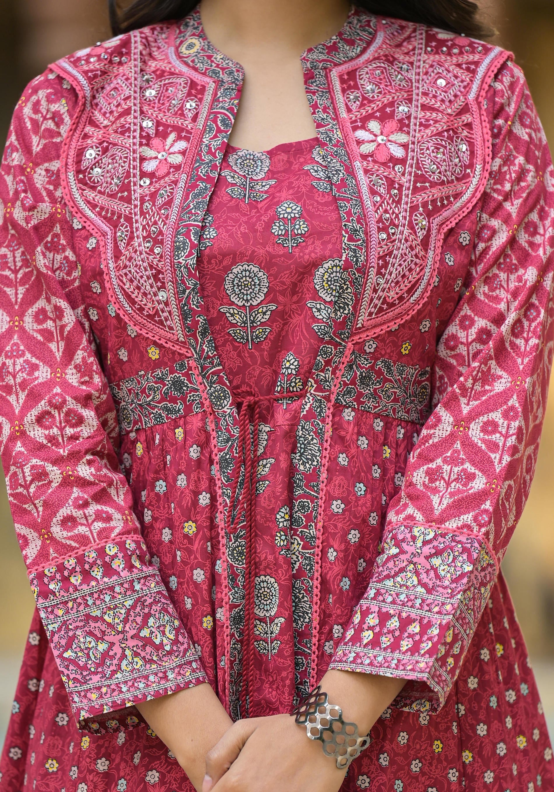 Maroon Floral Printed Cotton Long Dress With Shrug