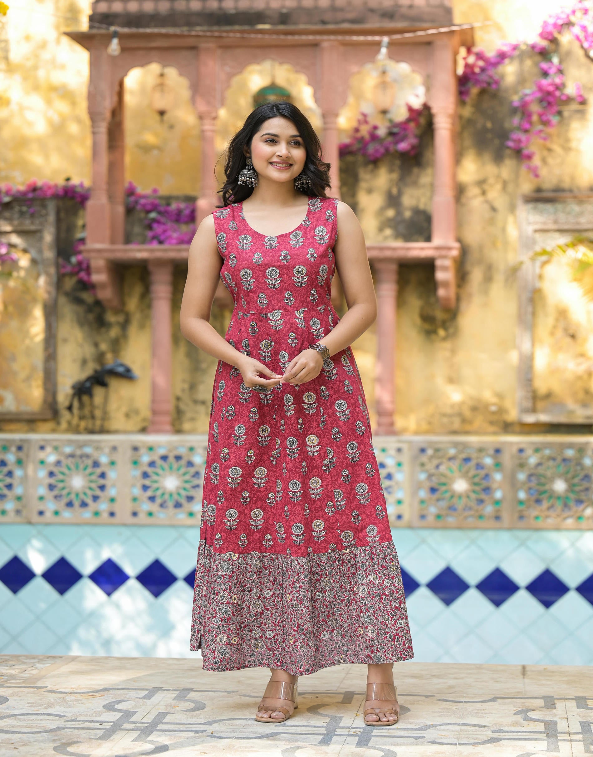 Maroon Floral Printed Cotton Long Dress With Shrug