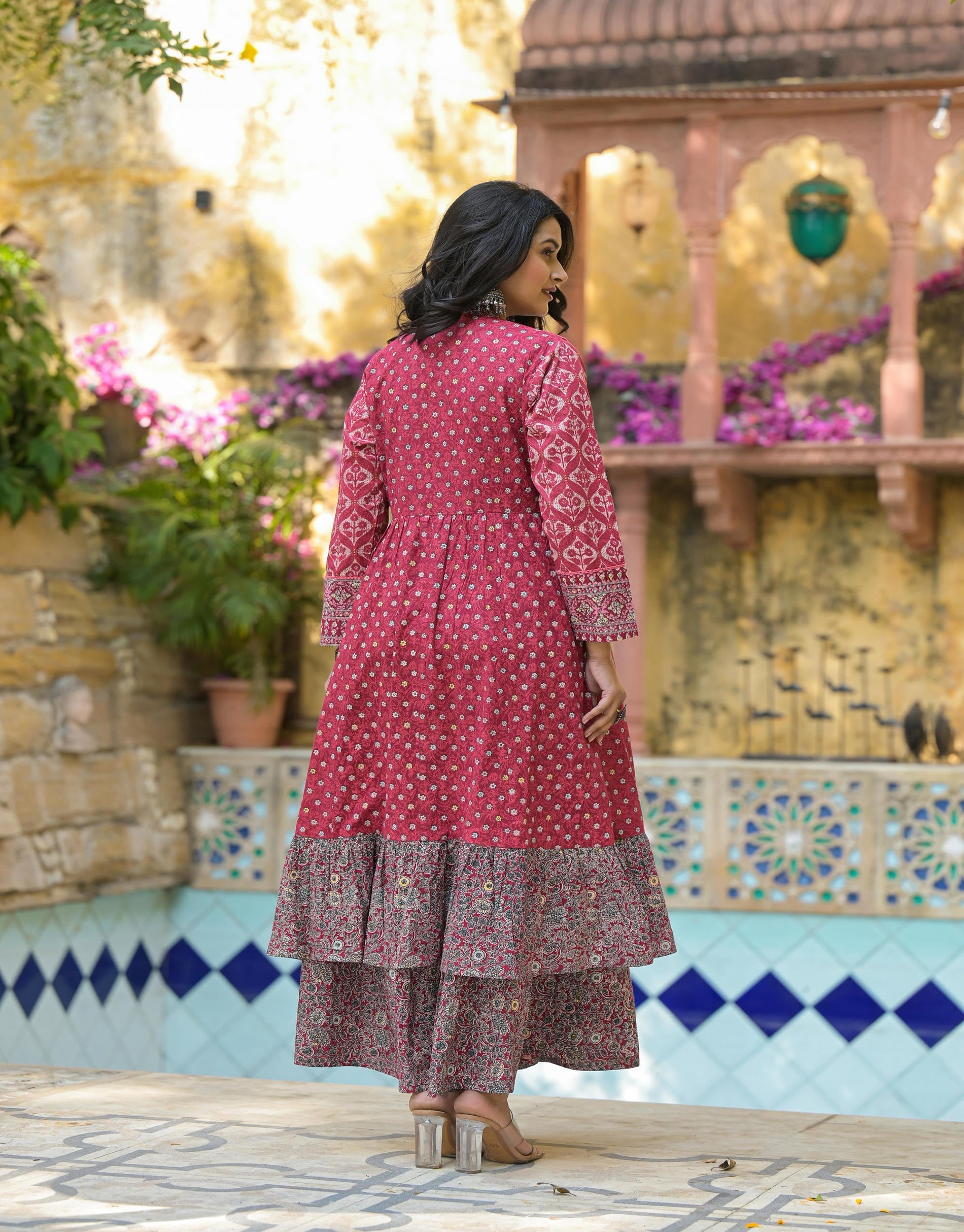 Maroon Floral Printed Cotton Long Dress With Shrug