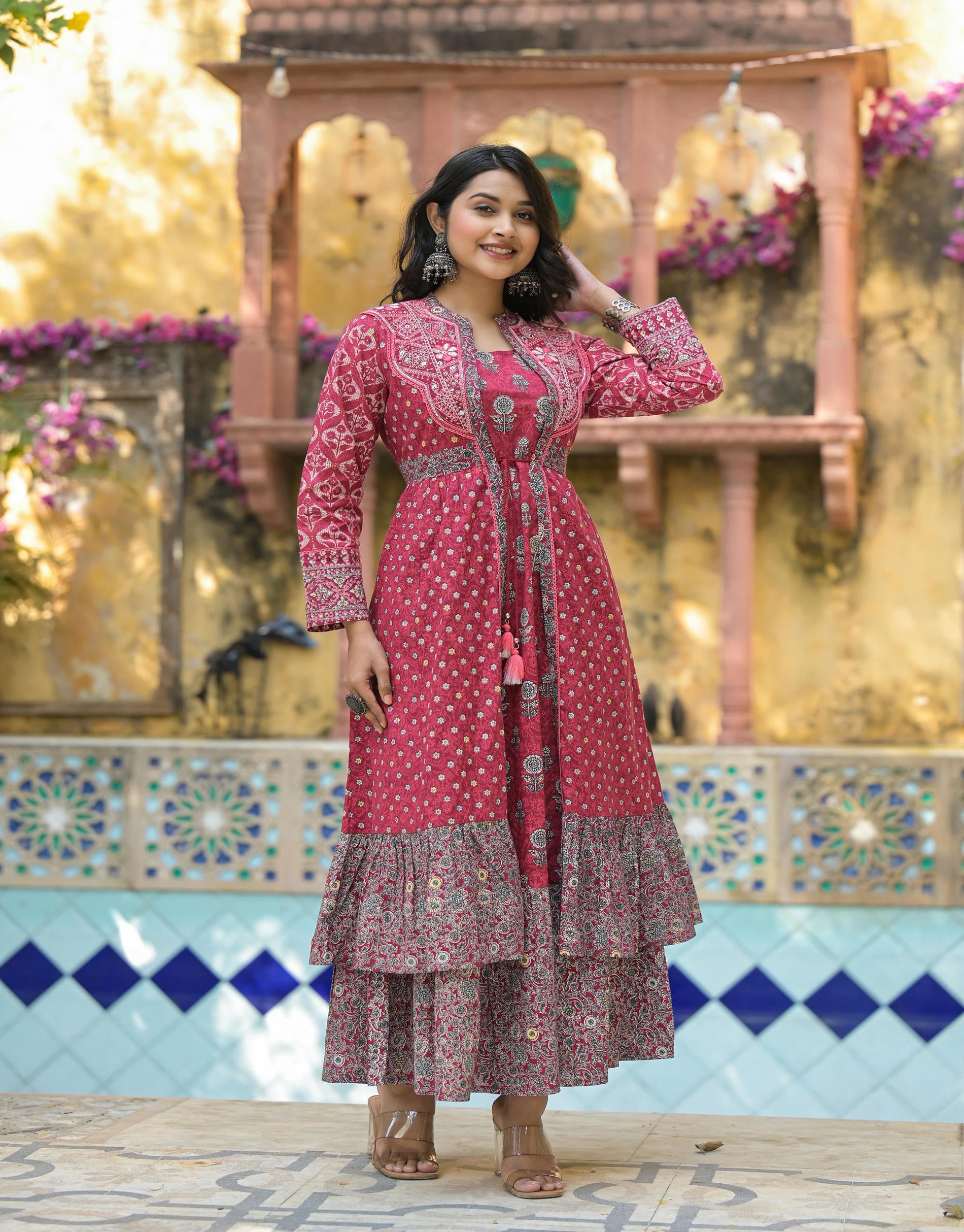 Maroon Floral Printed Cotton Long Dress With Shrug