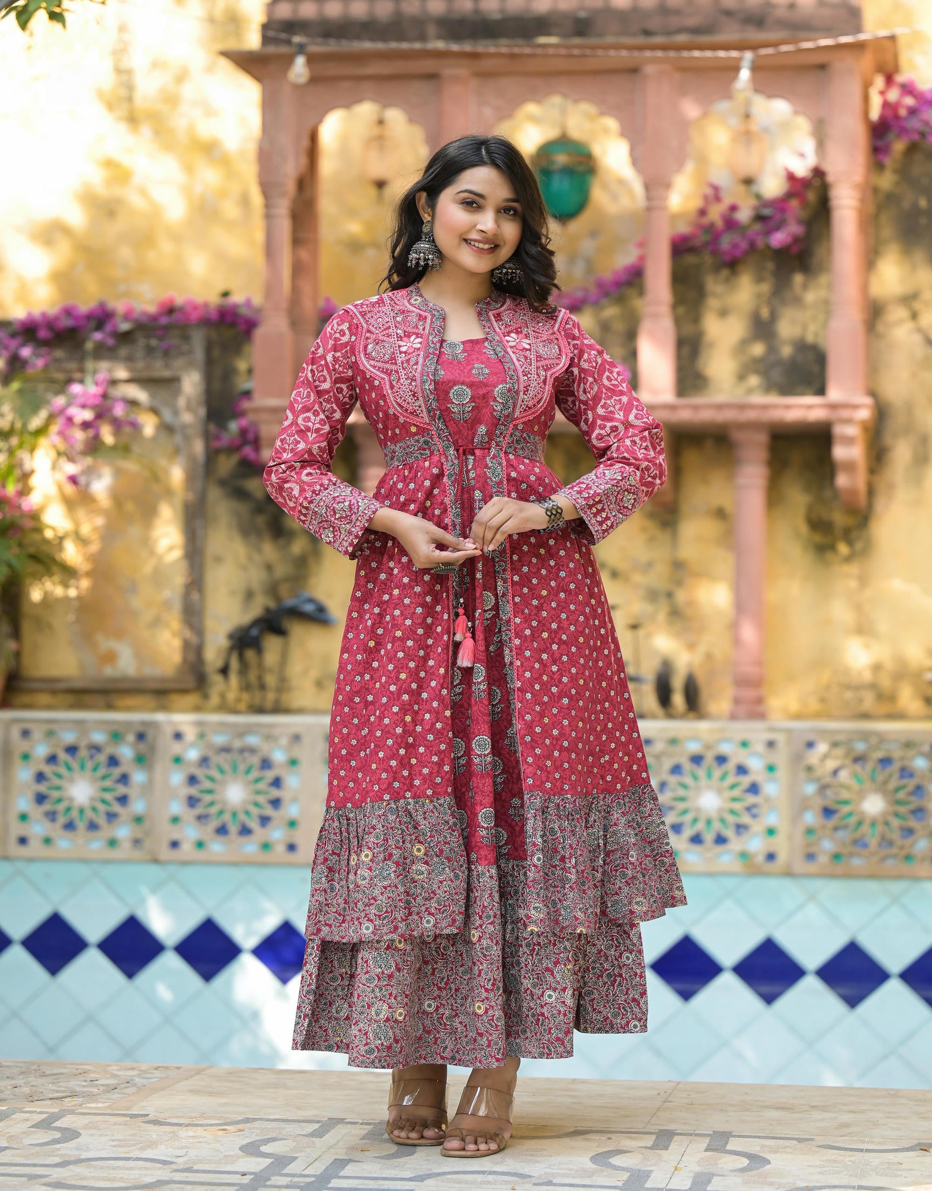 Maroon Floral Printed Cotton Long Dress With Shrug