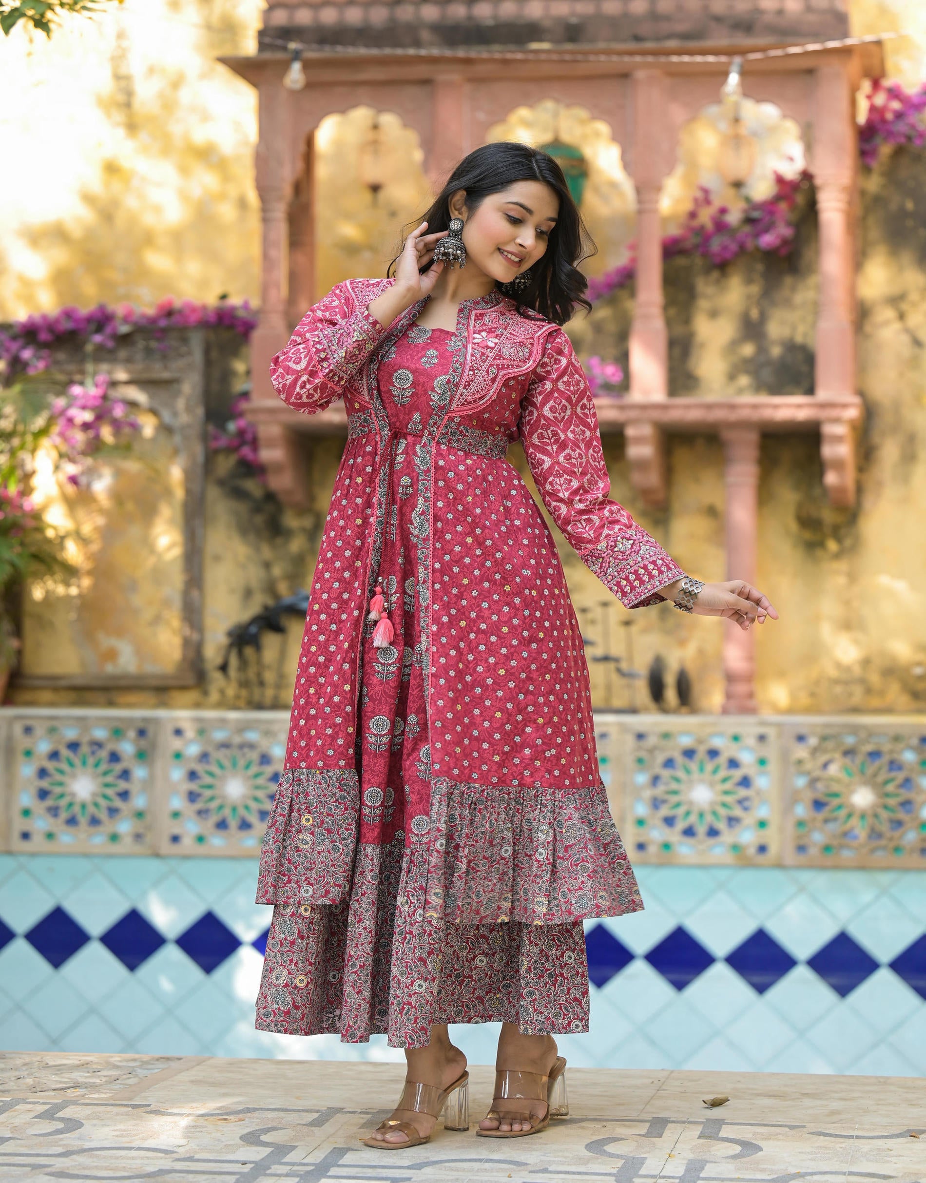 Maroon Floral Printed Cotton Long Dress With Shrug