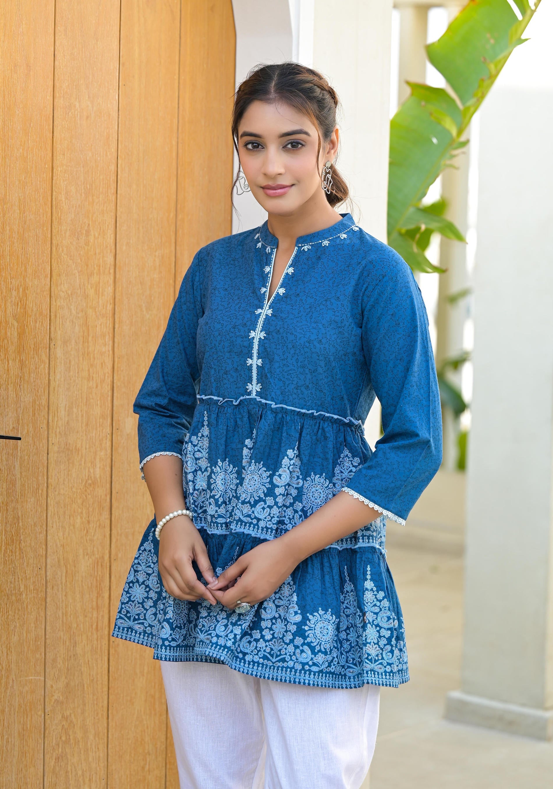 Indigo Ethnic Motif Printed Cotton Tunic With Thread Work & Sequins