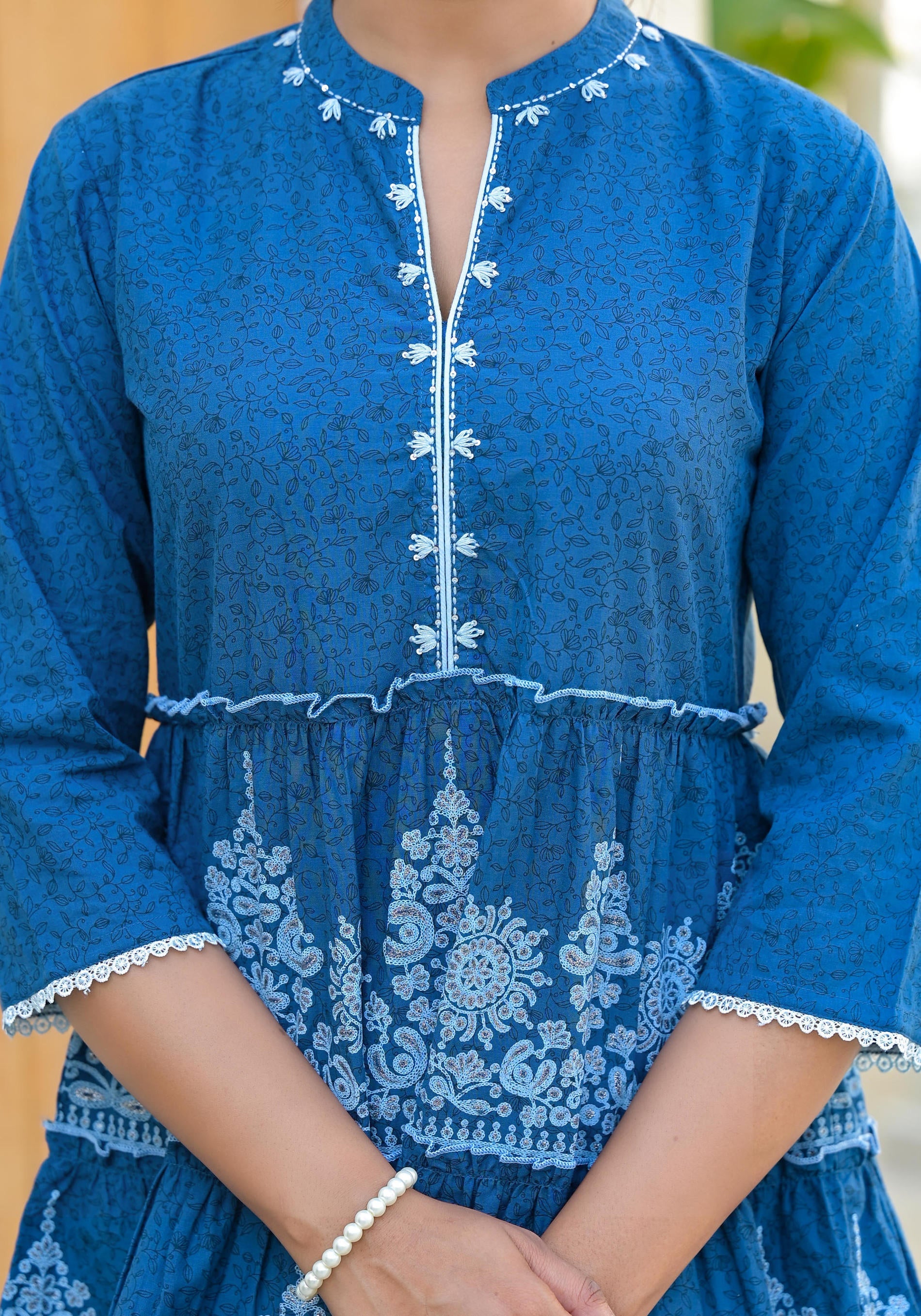 Indigo Ethnic Motif Printed Cotton Tunic With Thread Work & Sequins