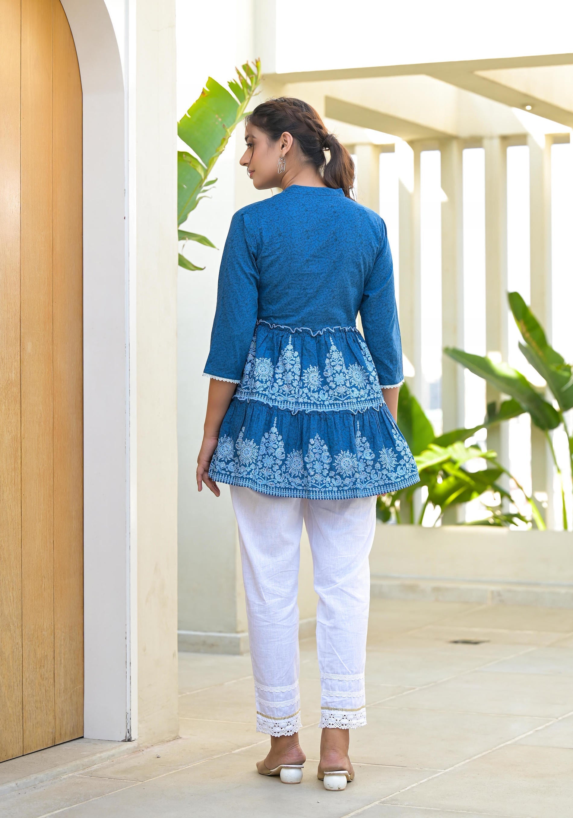 Indigo Ethnic Motif Printed Cotton Tunic With Thread Work & Sequins