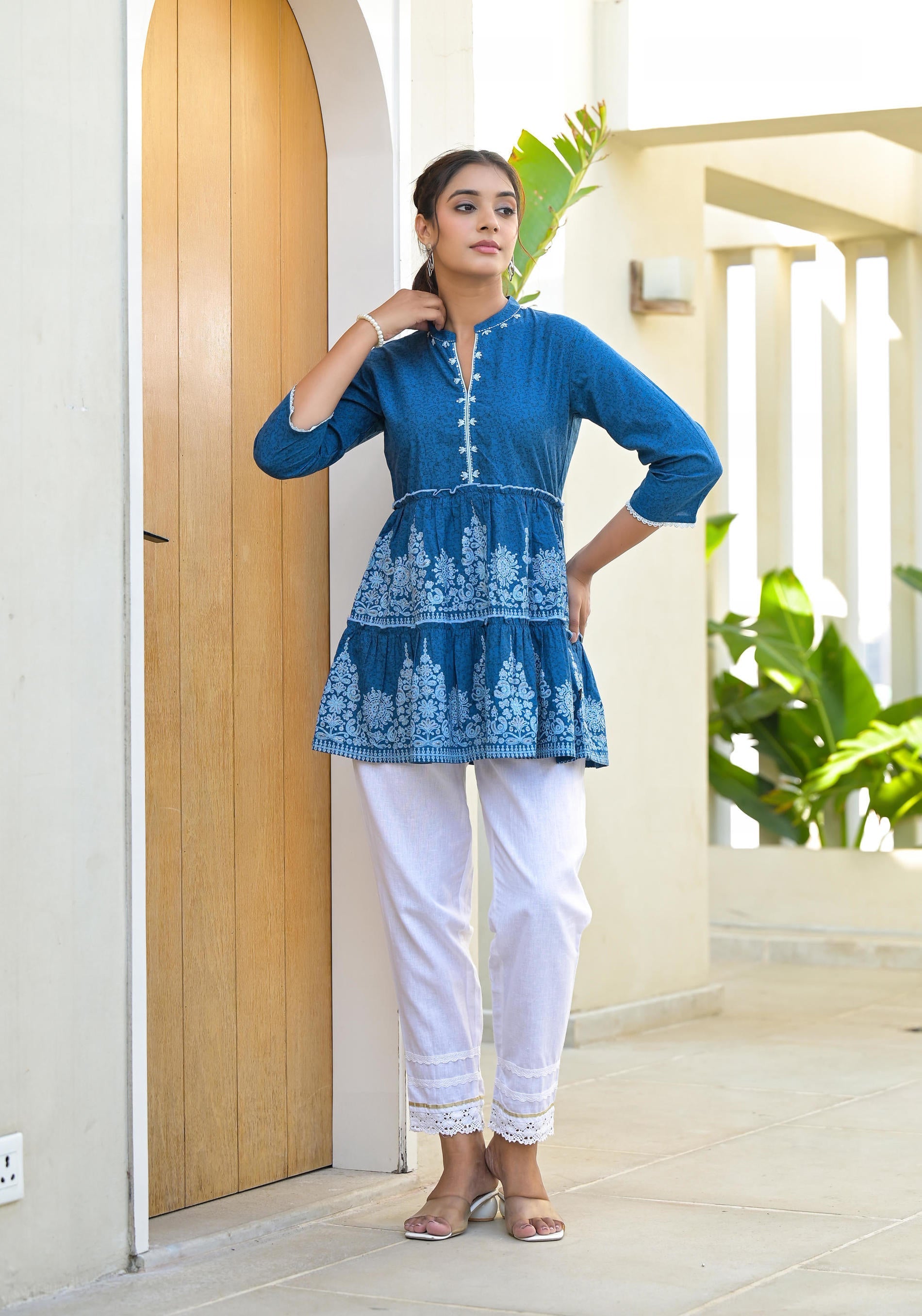 Indigo Ethnic Motif Printed Cotton Tunic With Thread Work & Sequins