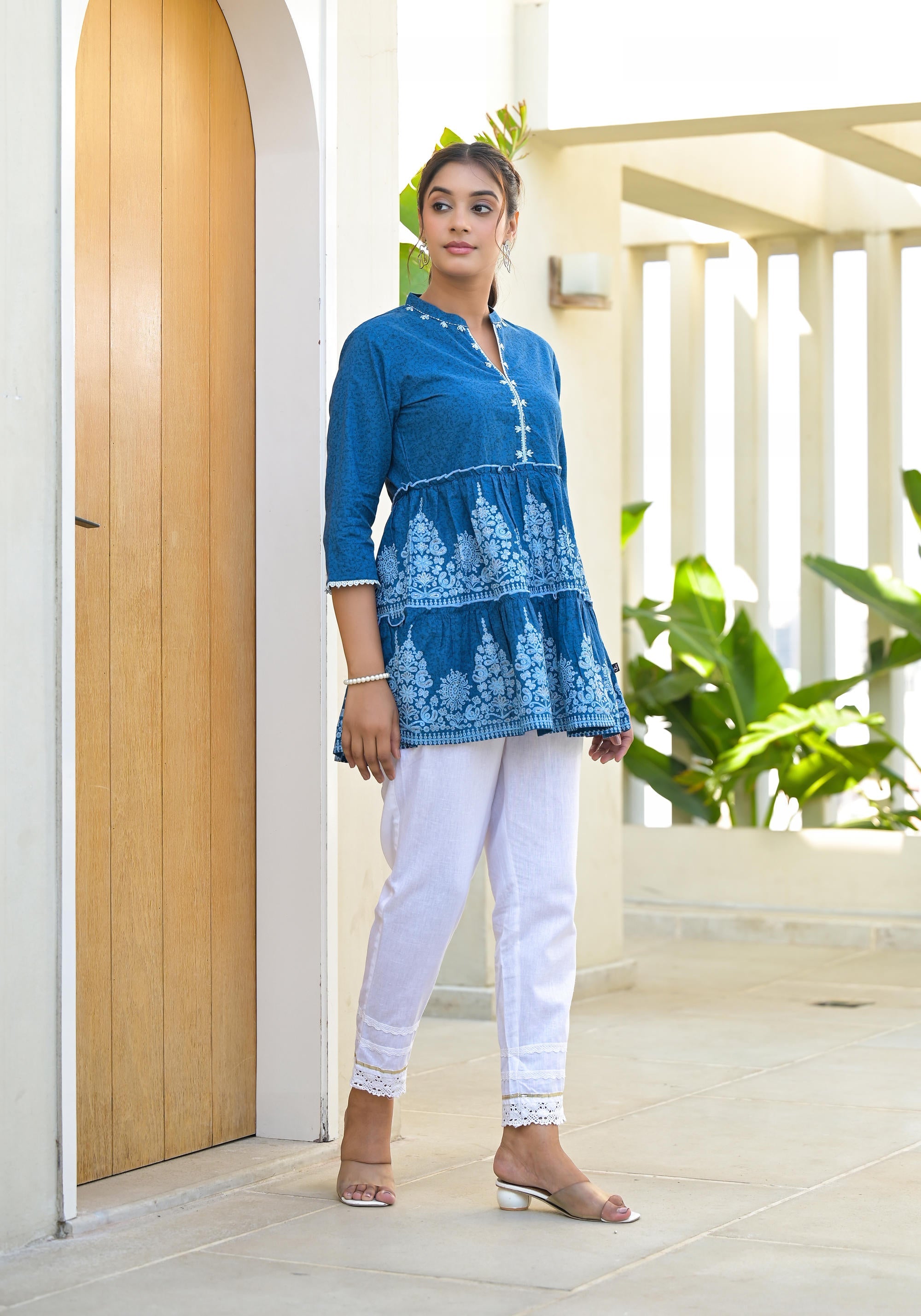 Indigo Ethnic Motif Printed Cotton Tunic With Thread Work & Sequins