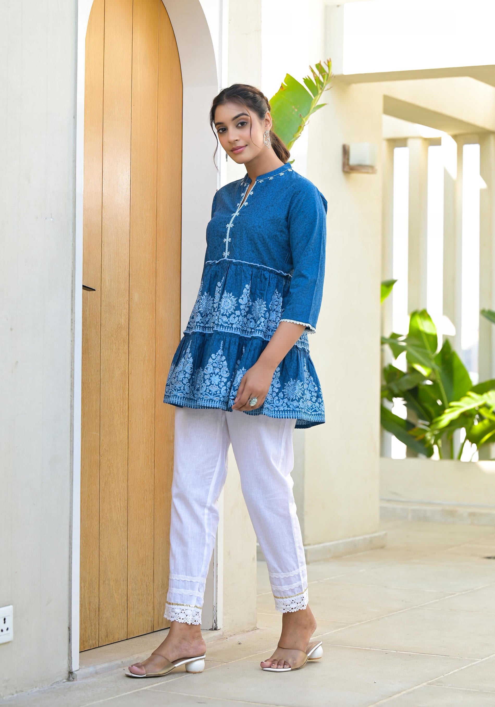 Indigo Ethnic Motif Printed Cotton Tunic With Thread Work & Sequins