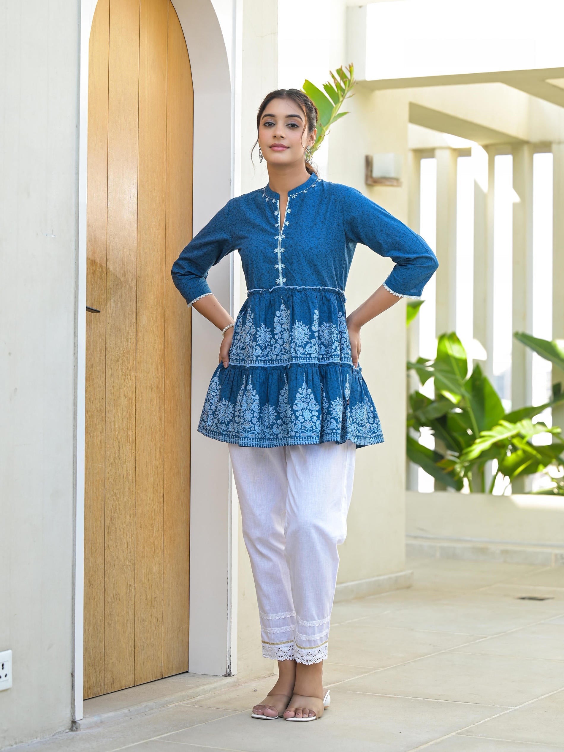 Indigo Ethnic Motif Printed Cotton Tunic With Thread Work & Sequins