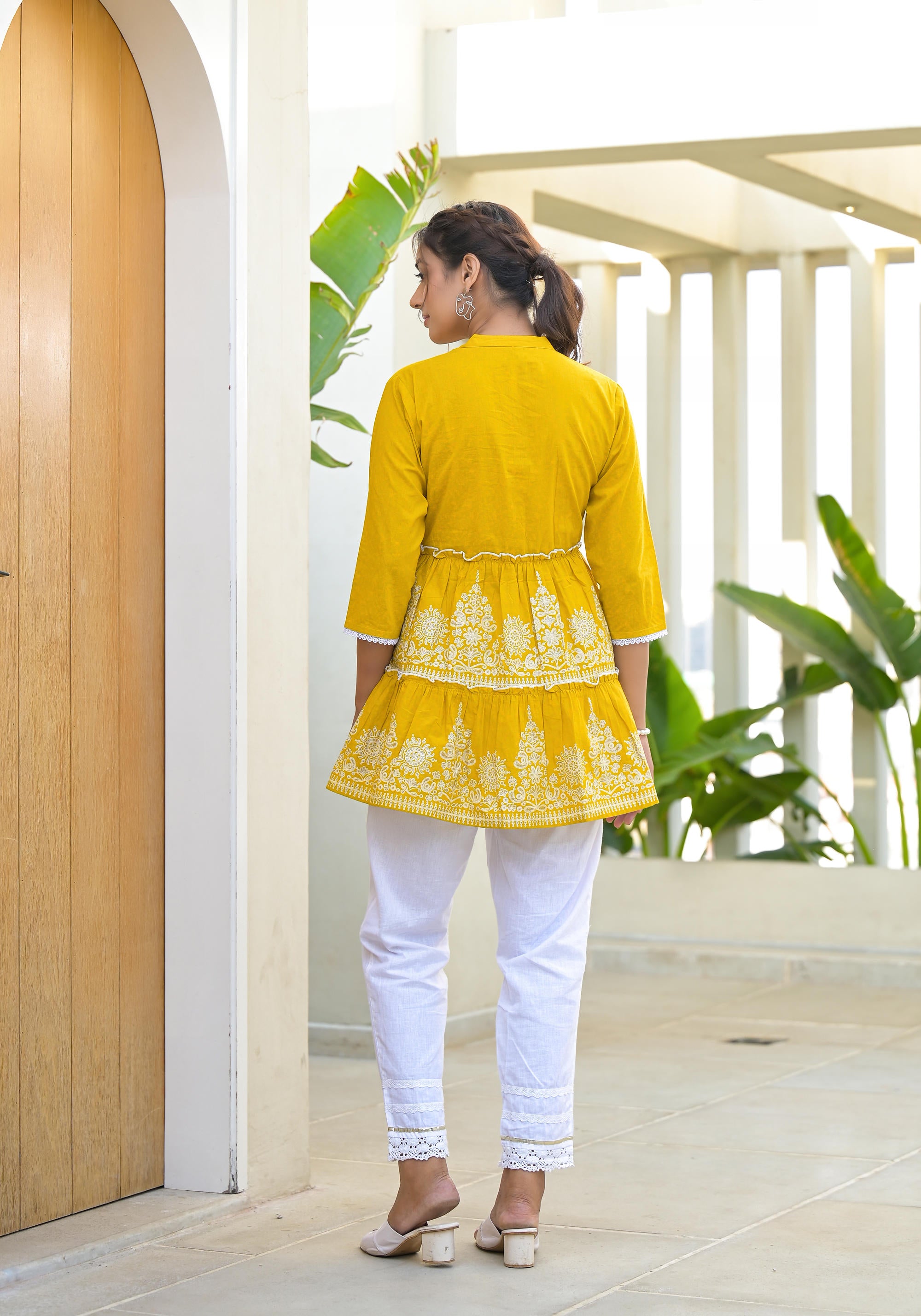 Mustard Ethnic Motif Printed Cotton Tunic With Thread Work & Sequins