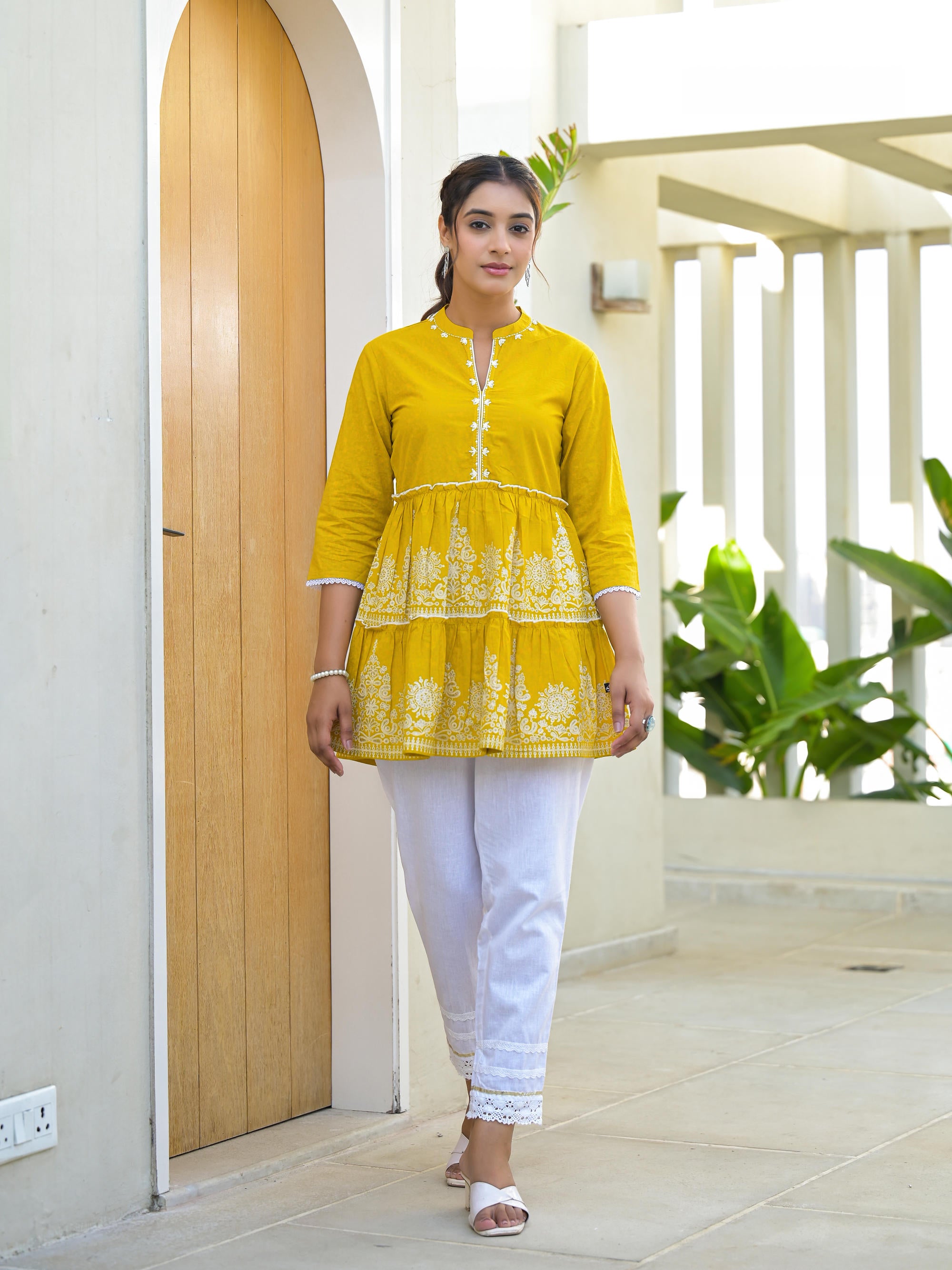 Mustard Ethnic Motif Printed Cotton Tunic With Thread Work & Sequins