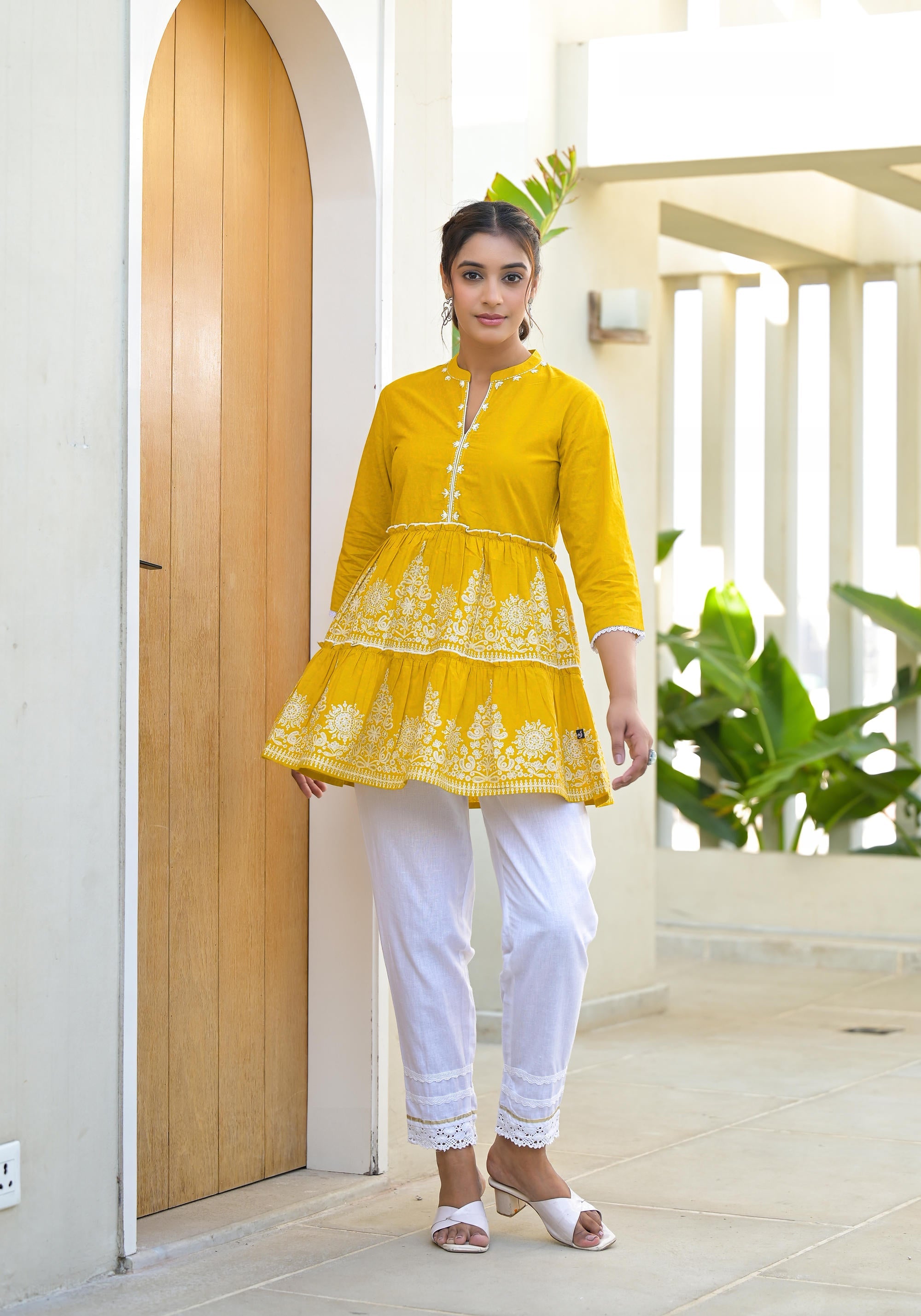 Mustard Ethnic Motif Printed Cotton Tunic With Thread Work & Sequins