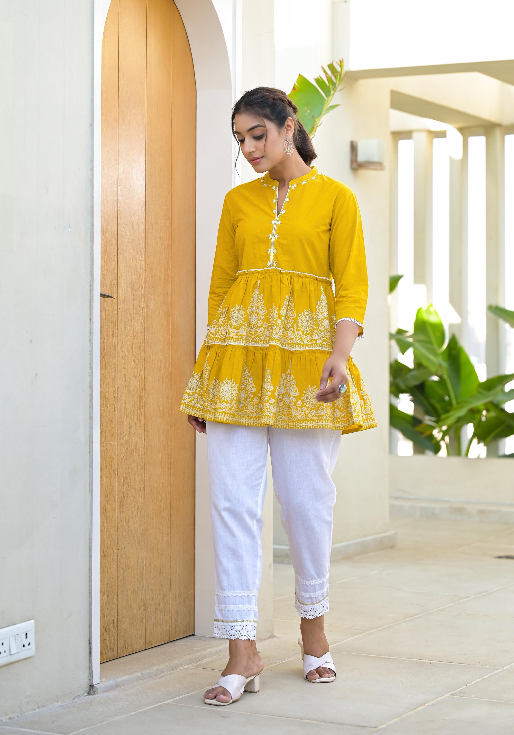 Mustard Ethnic Motif Printed Cotton Tunic With Thread Work & Sequins