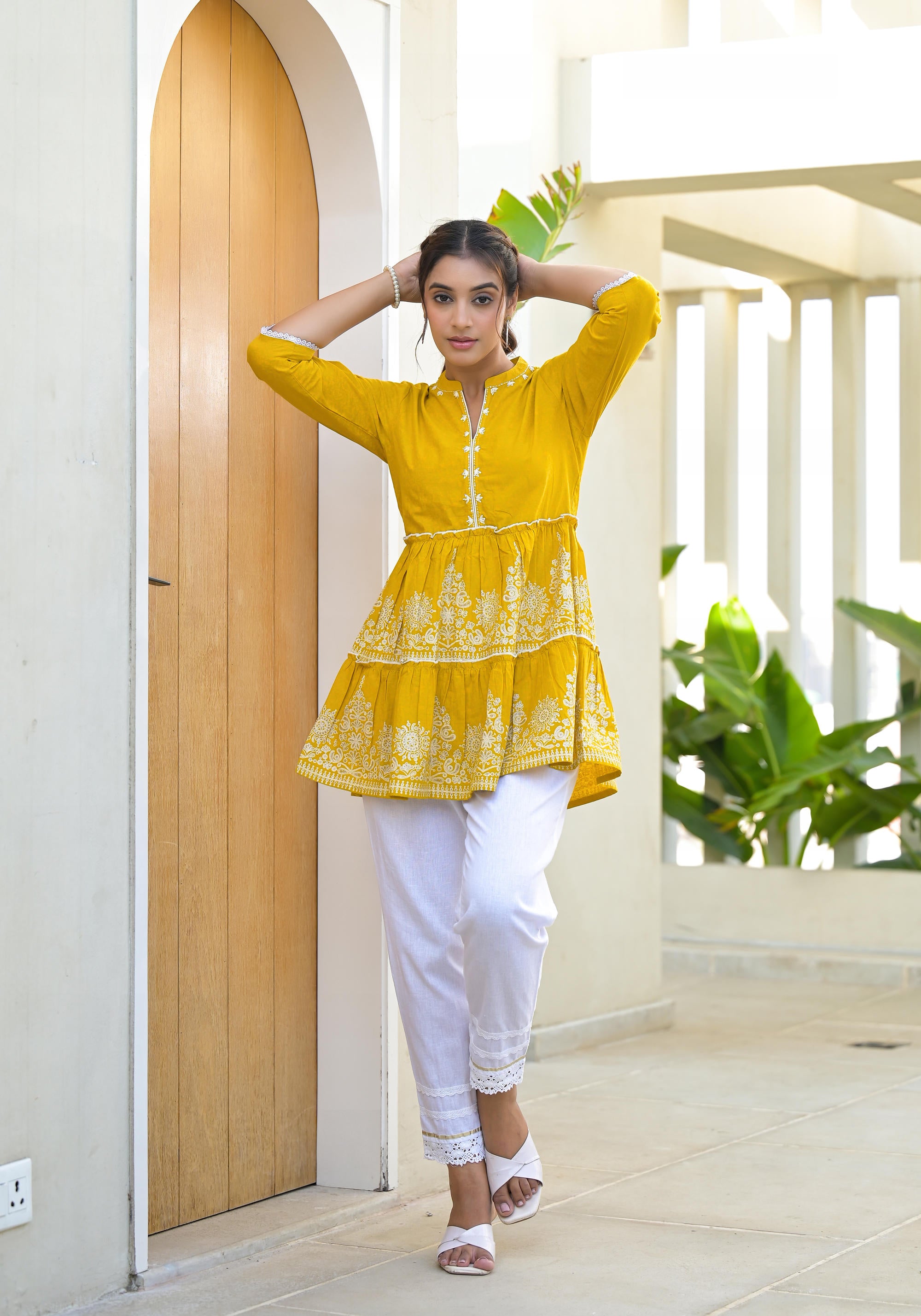 Mustard Ethnic Motif Printed Cotton Tunic With Thread Work & Sequins