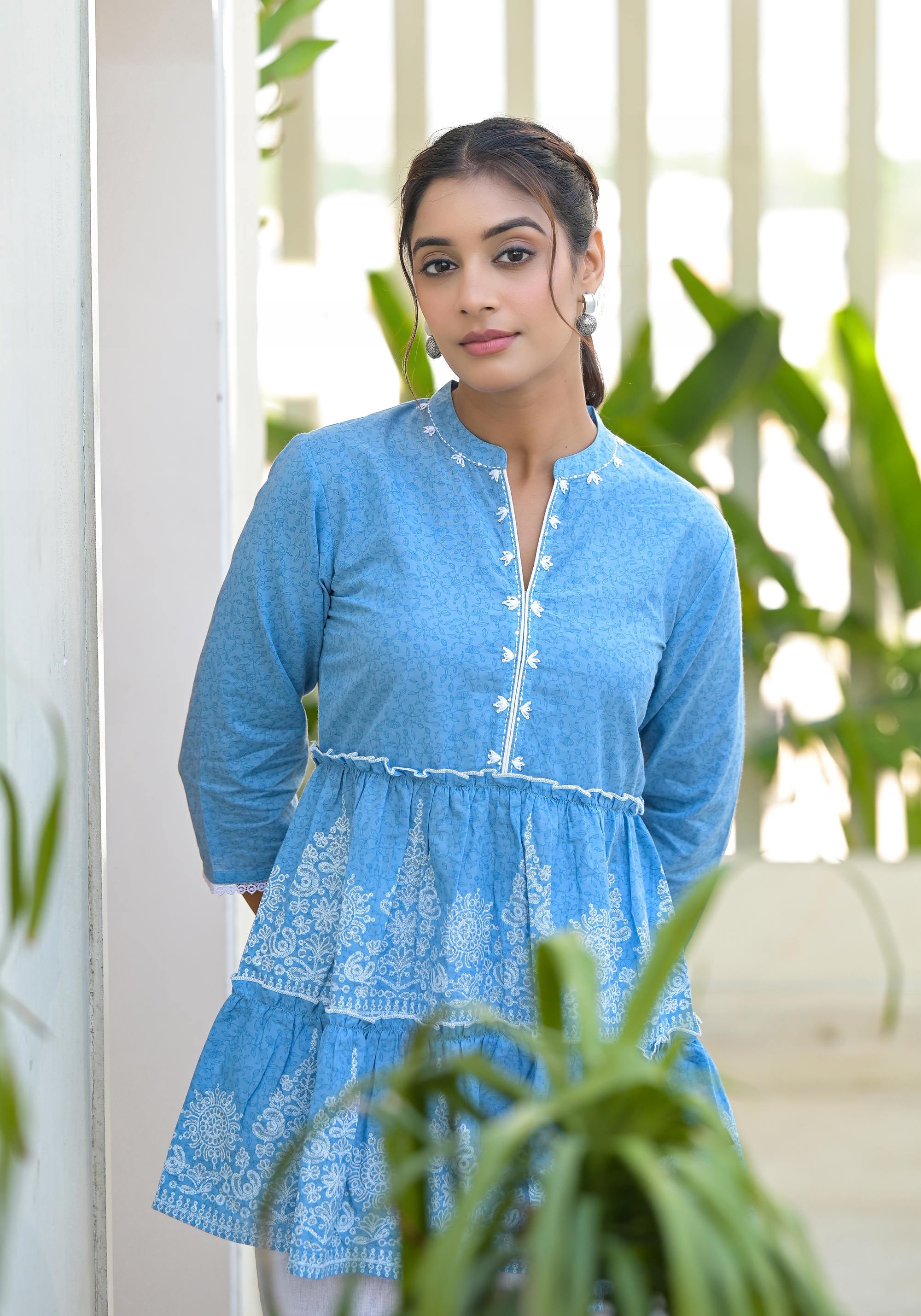 Powder Blue Ethnic Motif Printed Cotton Tunic With Thread Work & Sequins